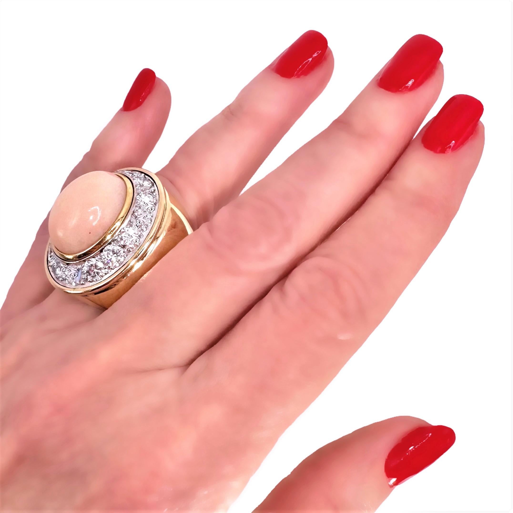 Vintage Large Scale 18K Yellow Gold, Diamond and Angel Skin Coral Cocktail Ring For Sale 7
