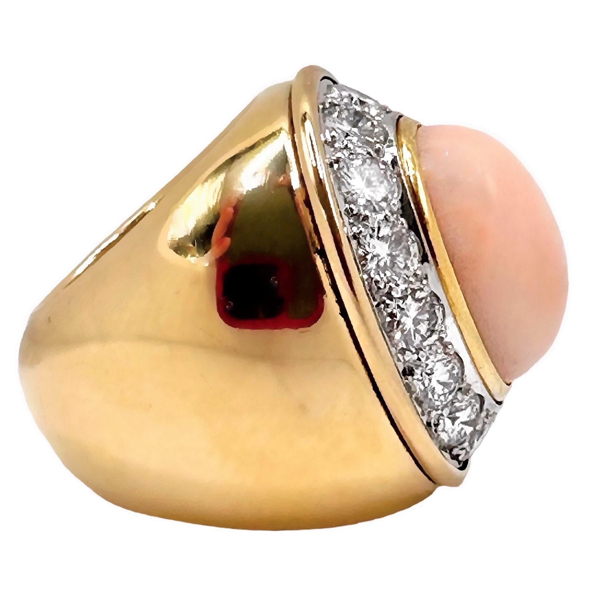 Modern Vintage Large Scale 18K Yellow Gold, Diamond and Angel Skin Coral Cocktail Ring For Sale