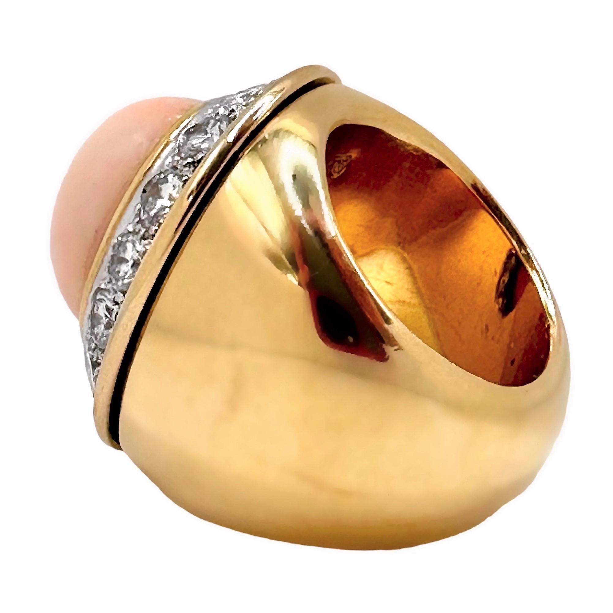 Women's Vintage Large Scale 18K Yellow Gold, Diamond and Angel Skin Coral Cocktail Ring For Sale