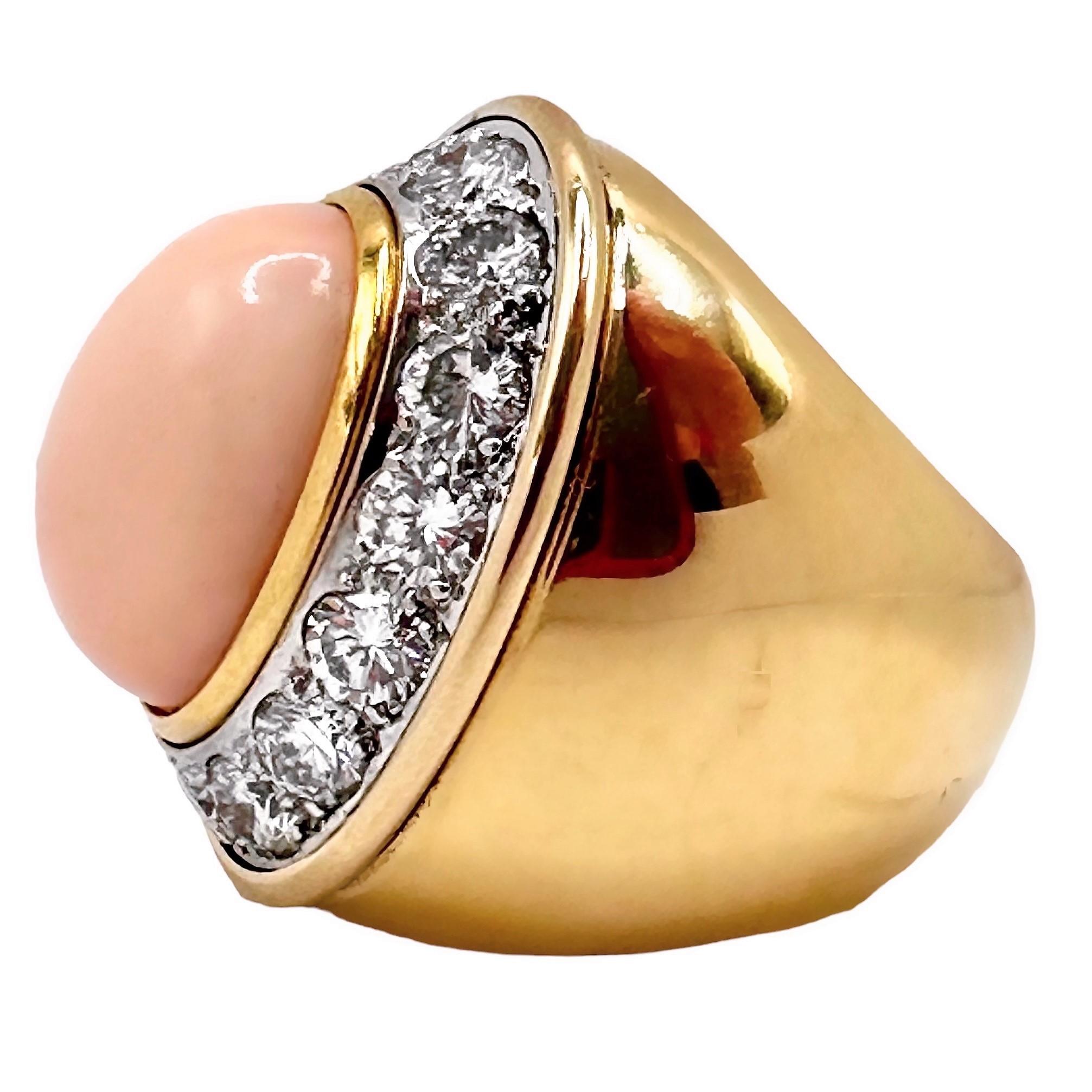 Vintage Large Scale 18K Yellow Gold, Diamond and Angel Skin Coral Cocktail Ring For Sale 1