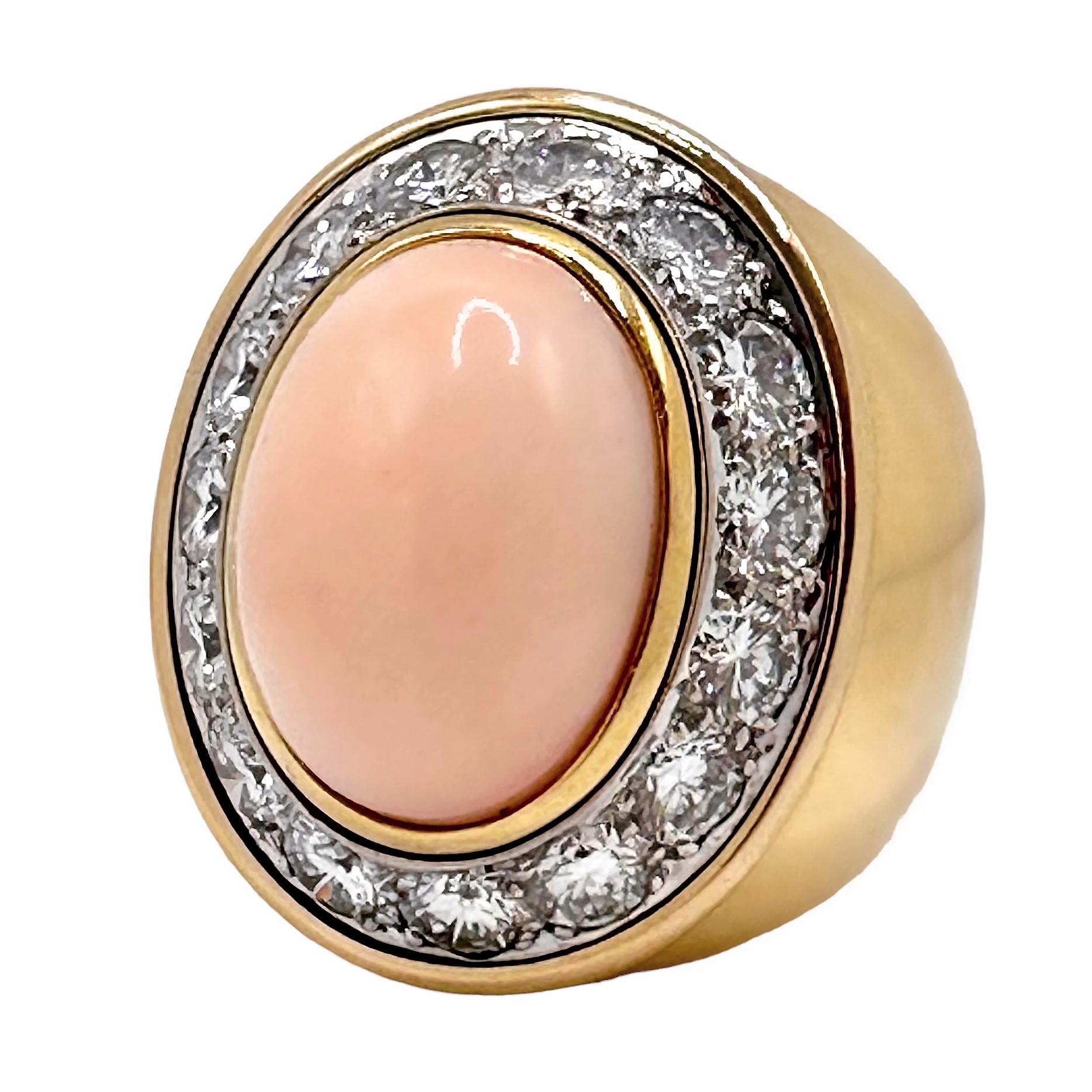 Vintage Large Scale 18K Yellow Gold, Diamond and Angel Skin Coral Cocktail Ring For Sale 2