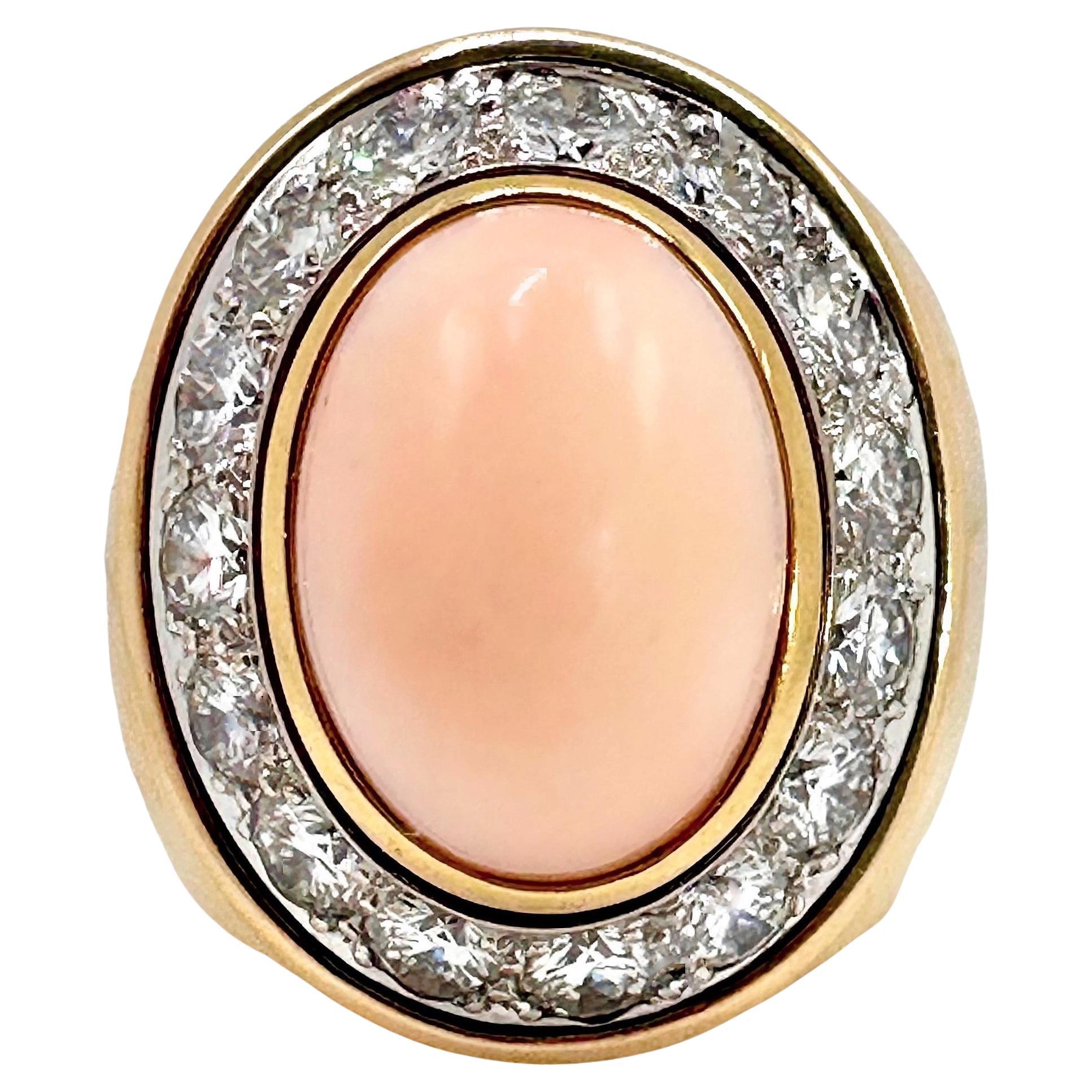 Vintage Large Scale 18K Yellow Gold, Diamond and Angel Skin Coral Cocktail Ring For Sale