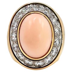 Retro Large Scale 18K Yellow Gold, Diamond and Angel Skin Coral Cocktail Ring