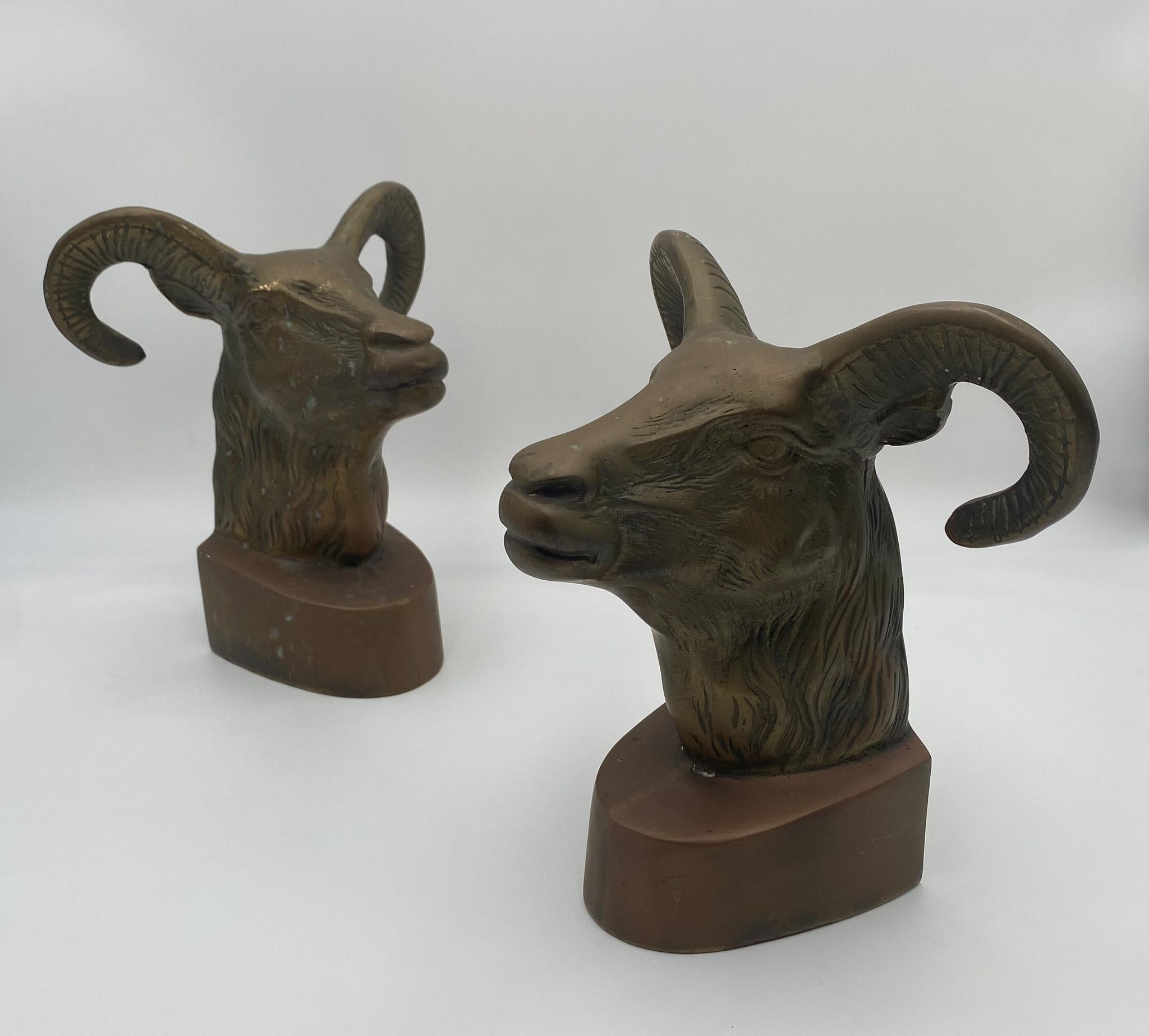 Mid-Century Modern Vintage Large Scale Brass Rams Head Bookends, 1970's  For Sale
