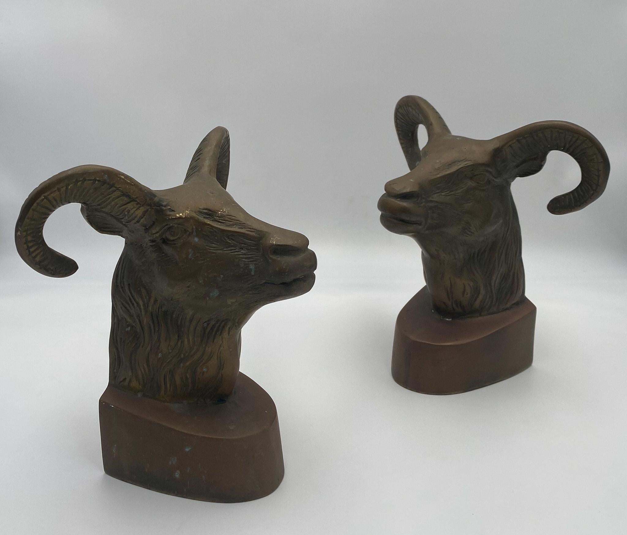 American Vintage Large Scale Brass Rams Head Bookends, 1970's  For Sale