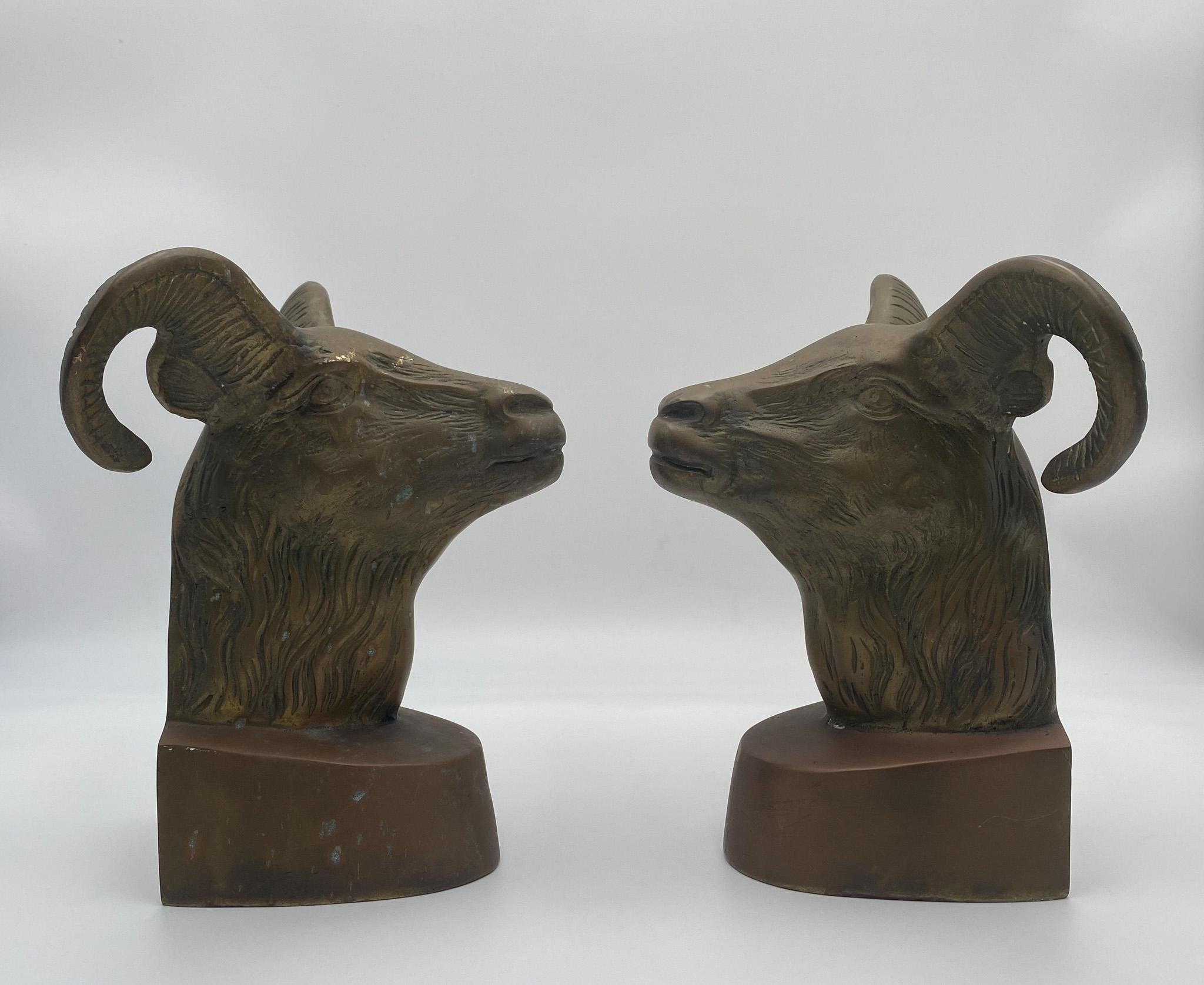 Vintage Large Scale Brass Rams Head Bookends, 1970's  In Good Condition For Sale In Costa Mesa, CA