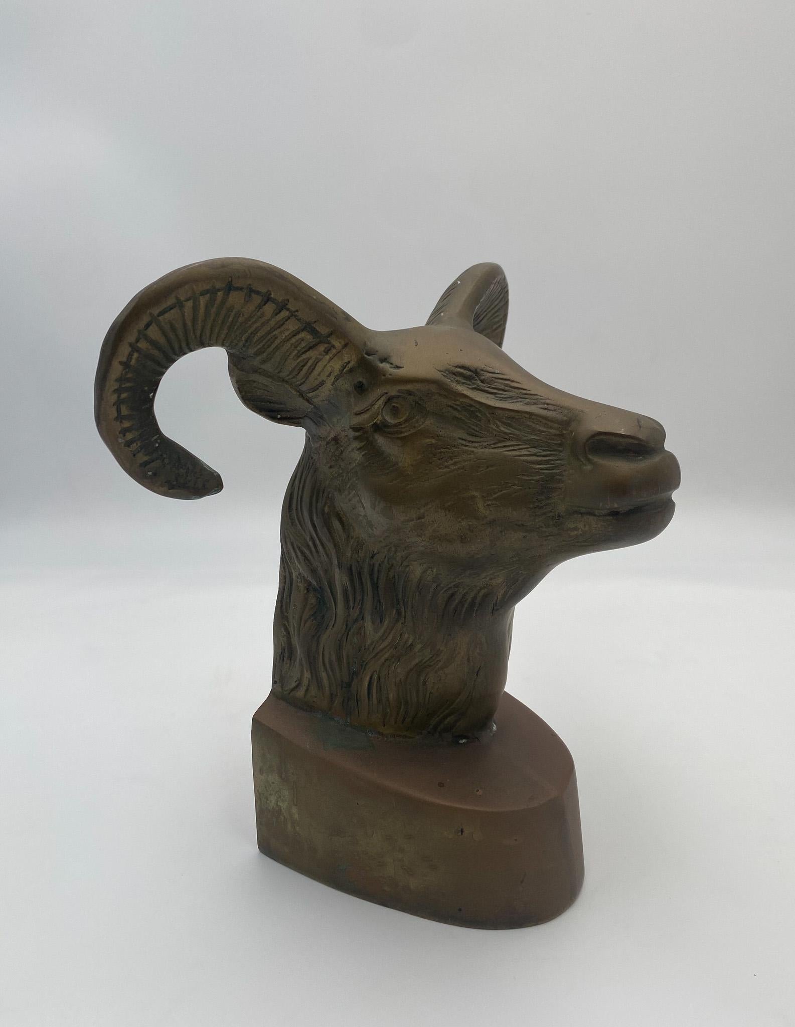 20th Century Vintage Large Scale Brass Rams Head Bookends, 1970's  For Sale