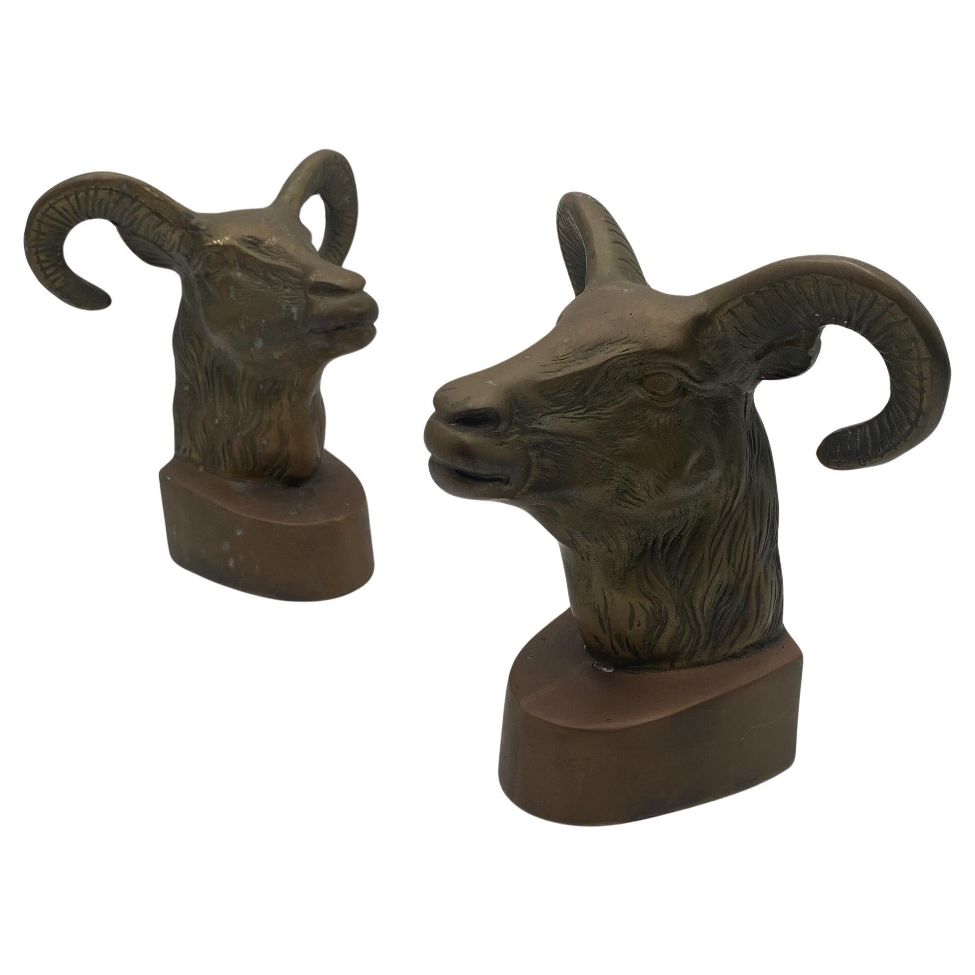 Vintage Large Scale Brass Rams Head Bookends, 1970's  For Sale