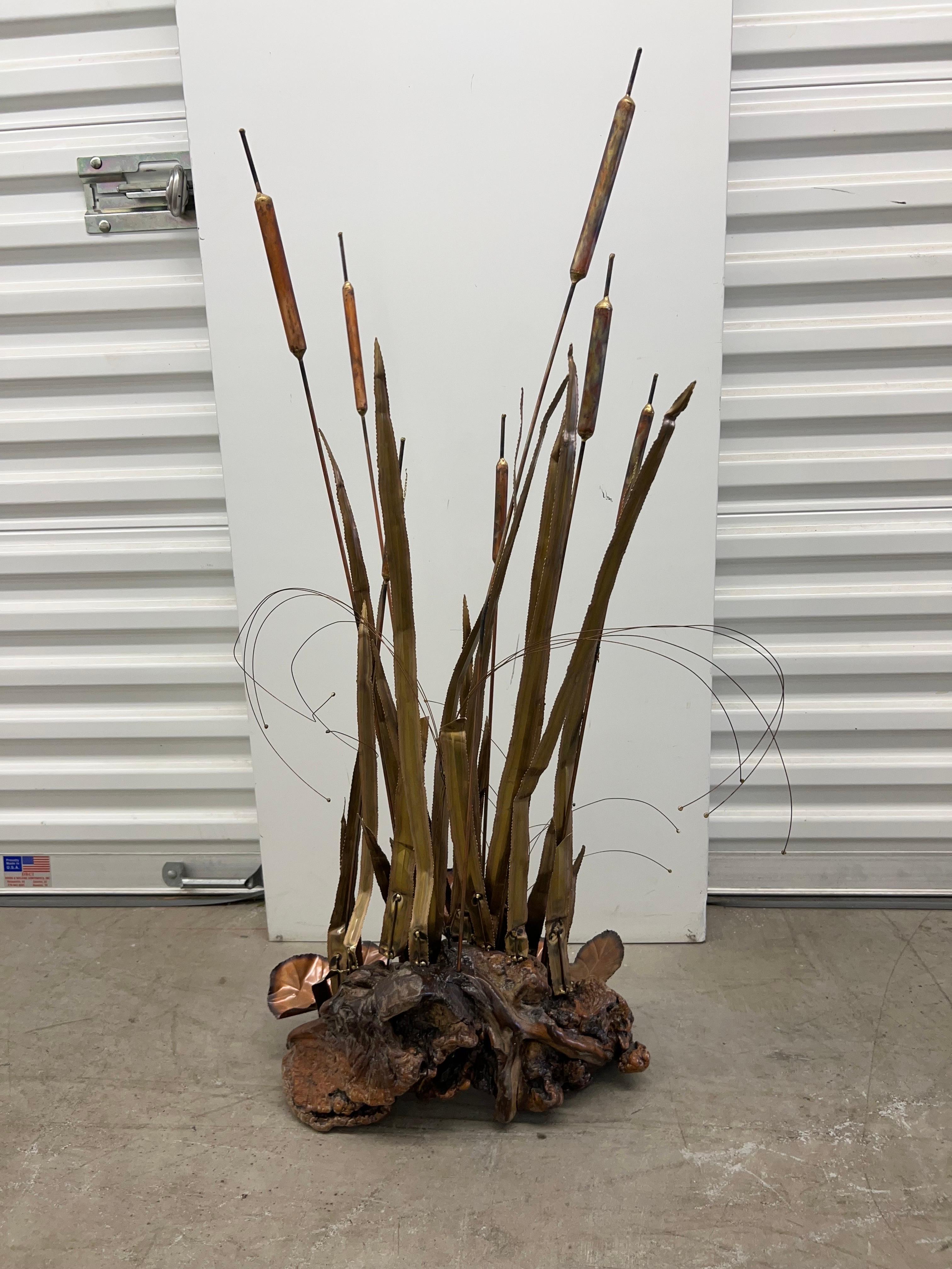 Vintage Large Scale Brutalist Cattail Sculpture on a Burled Wood Base For Sale 7