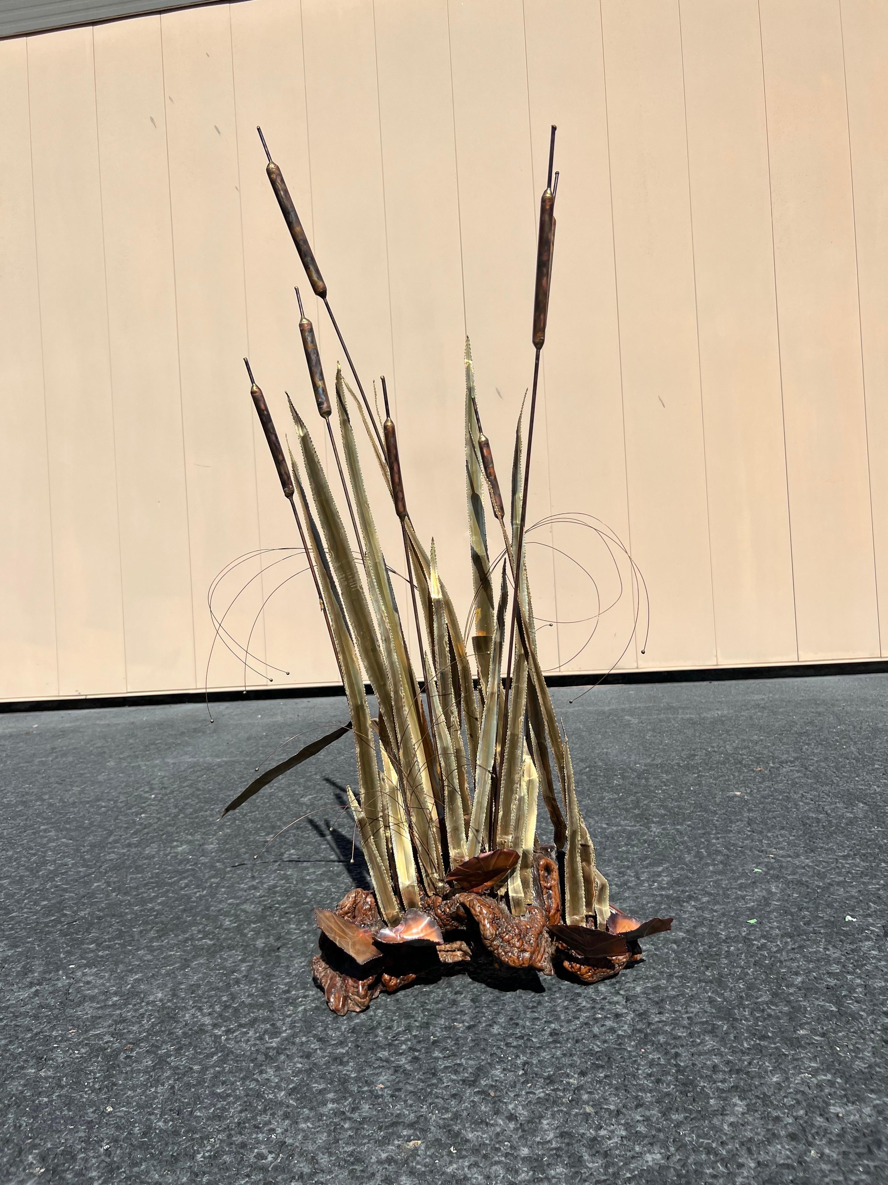 American Vintage Large Scale Brutalist Cattail Sculpture on a Burled Wood Base For Sale
