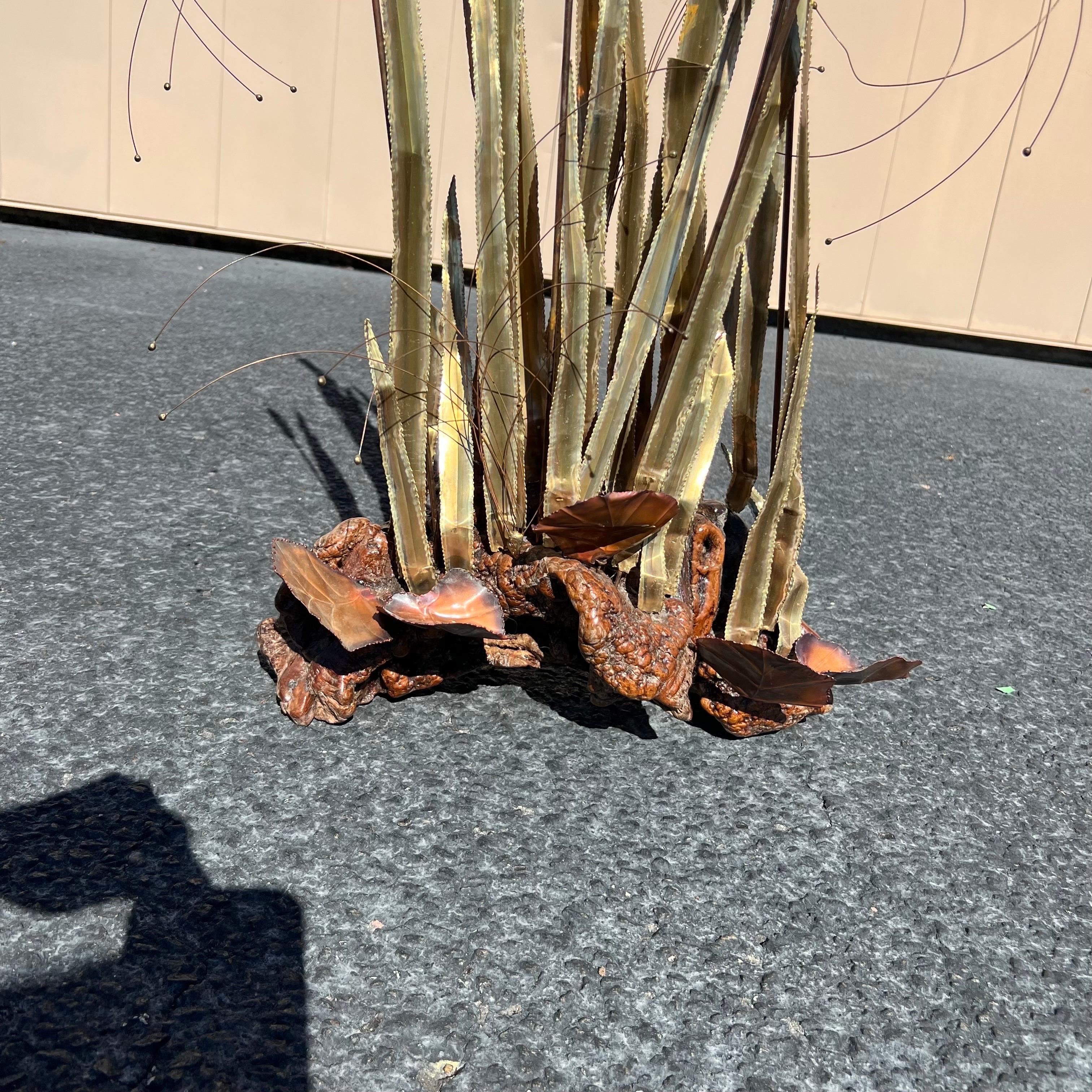 Hand-Crafted Vintage Large Scale Brutalist Cattail Sculpture on a Burled Wood Base For Sale