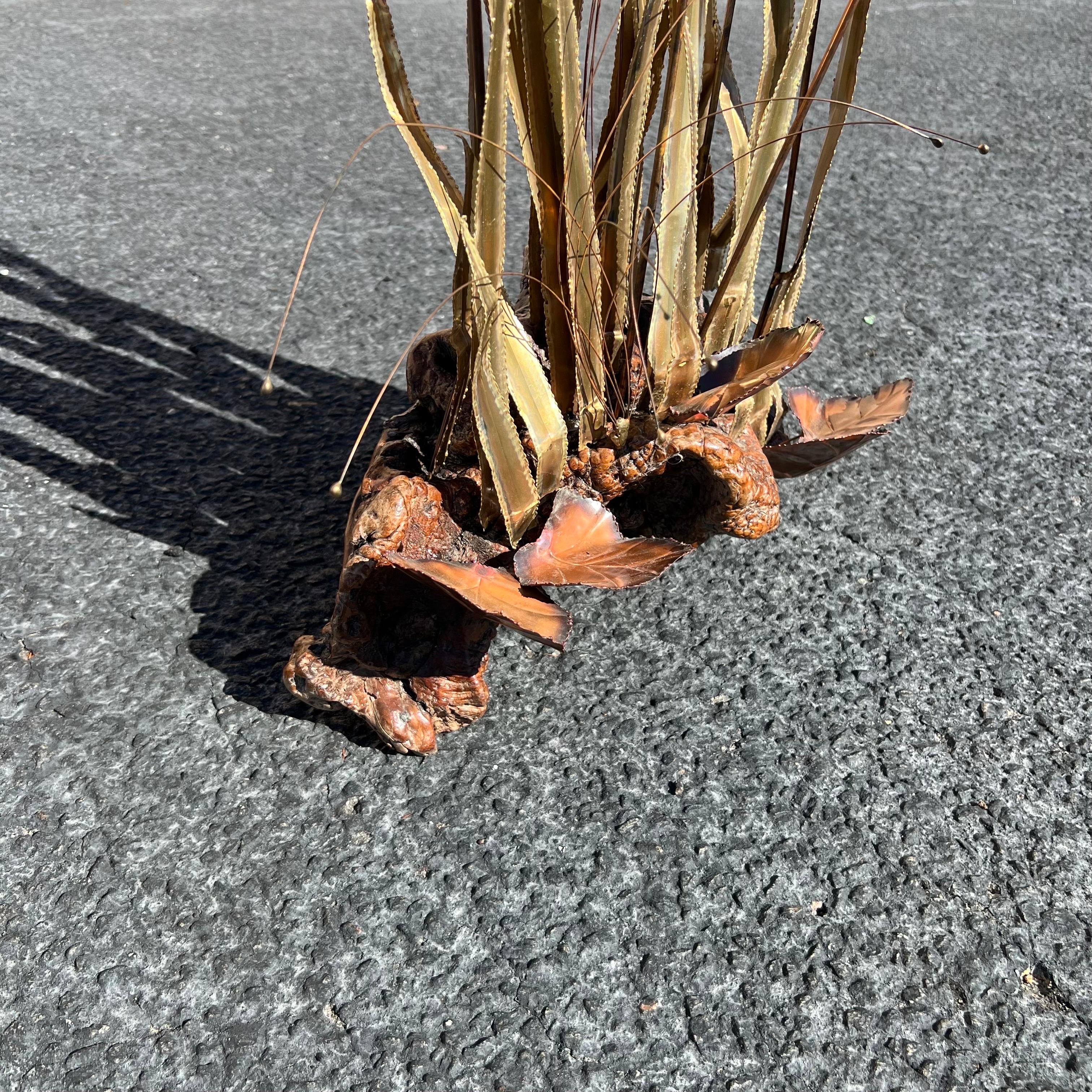 Vintage Large Scale Brutalist Cattail Sculpture on a Burled Wood Base In Good Condition For Sale In Charleston, SC