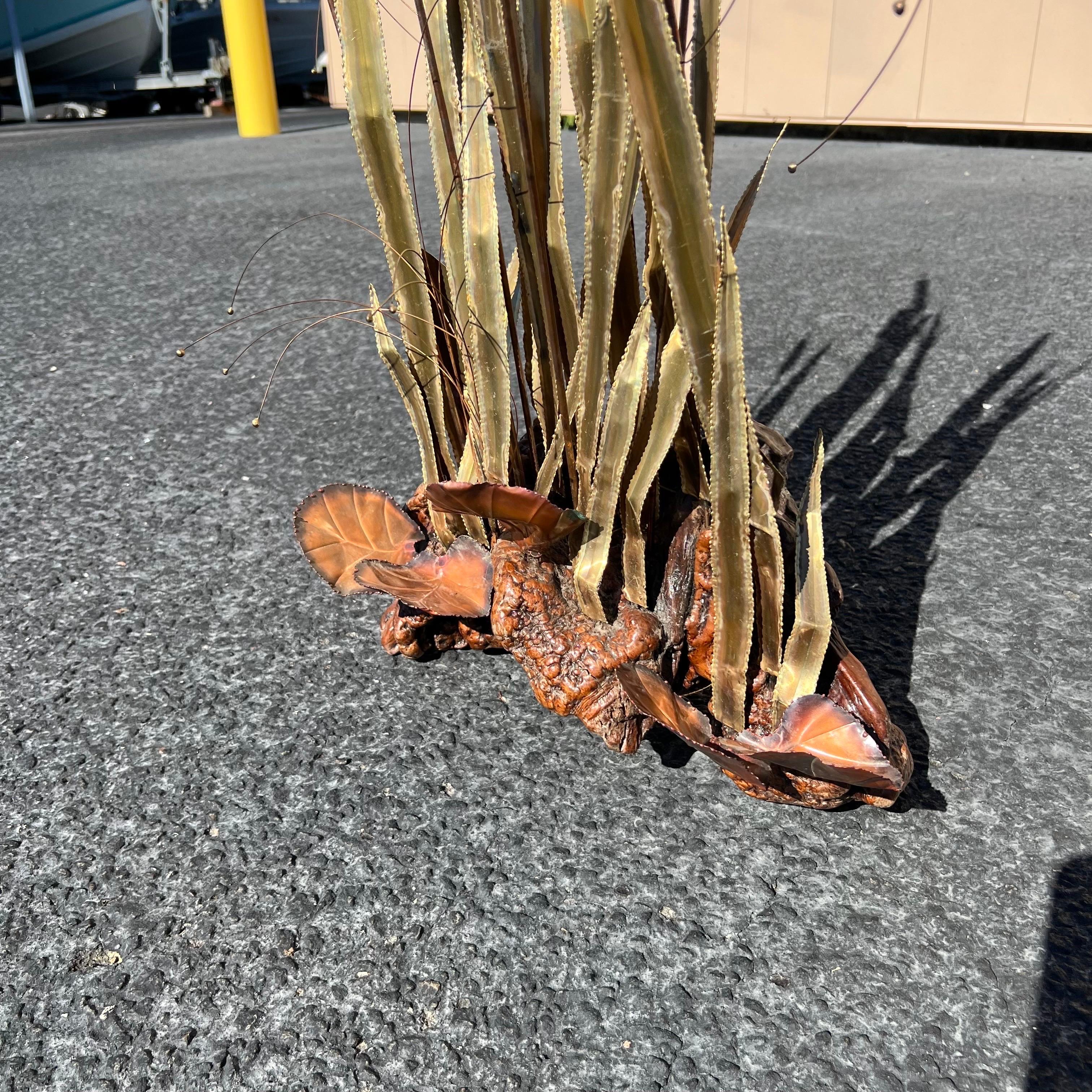 20th Century Vintage Large Scale Brutalist Cattail Sculpture on a Burled Wood Base For Sale
