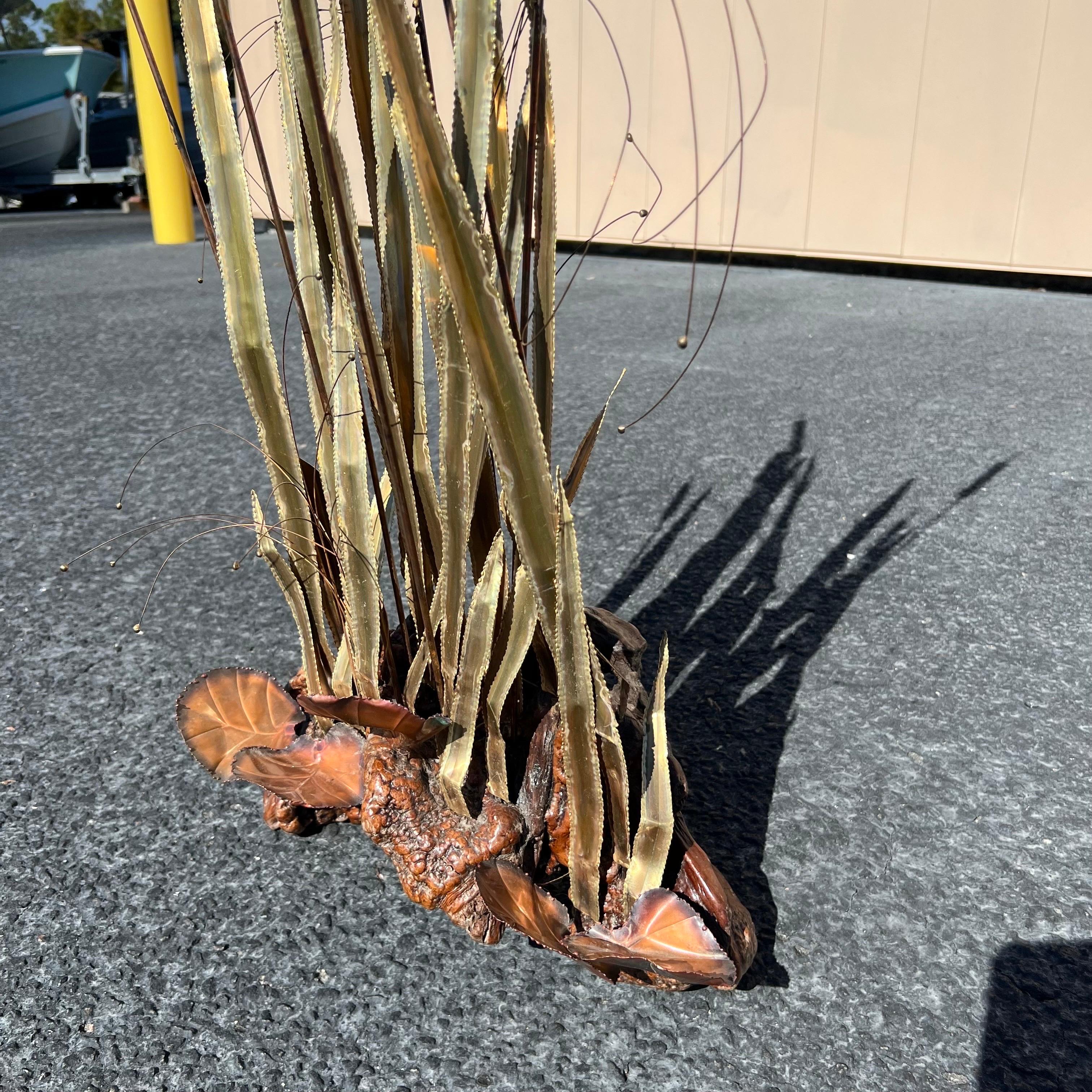 Metal Vintage Large Scale Brutalist Cattail Sculpture on a Burled Wood Base For Sale