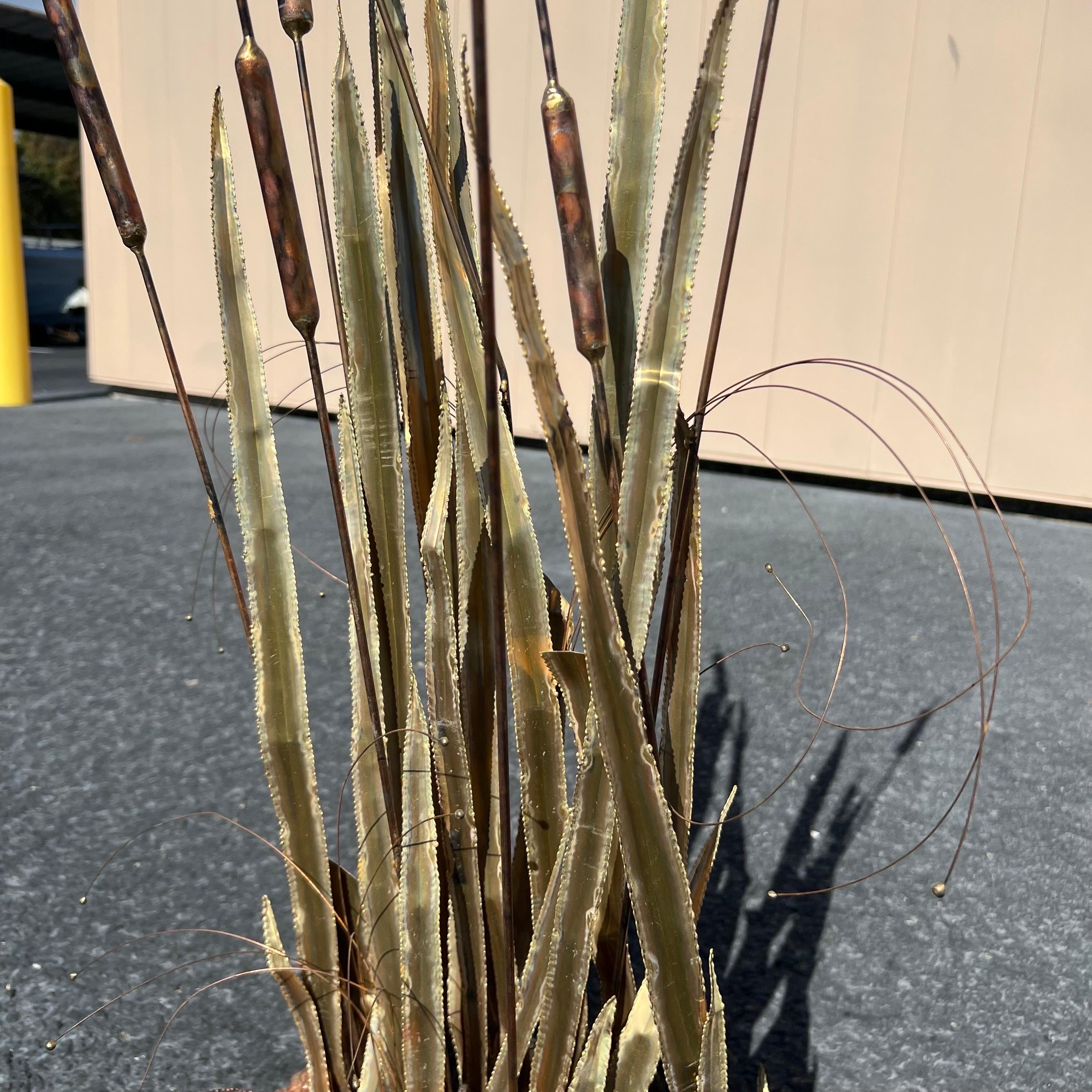 Vintage Large Scale Brutalist Cattail Sculpture on a Burled Wood Base For Sale 1