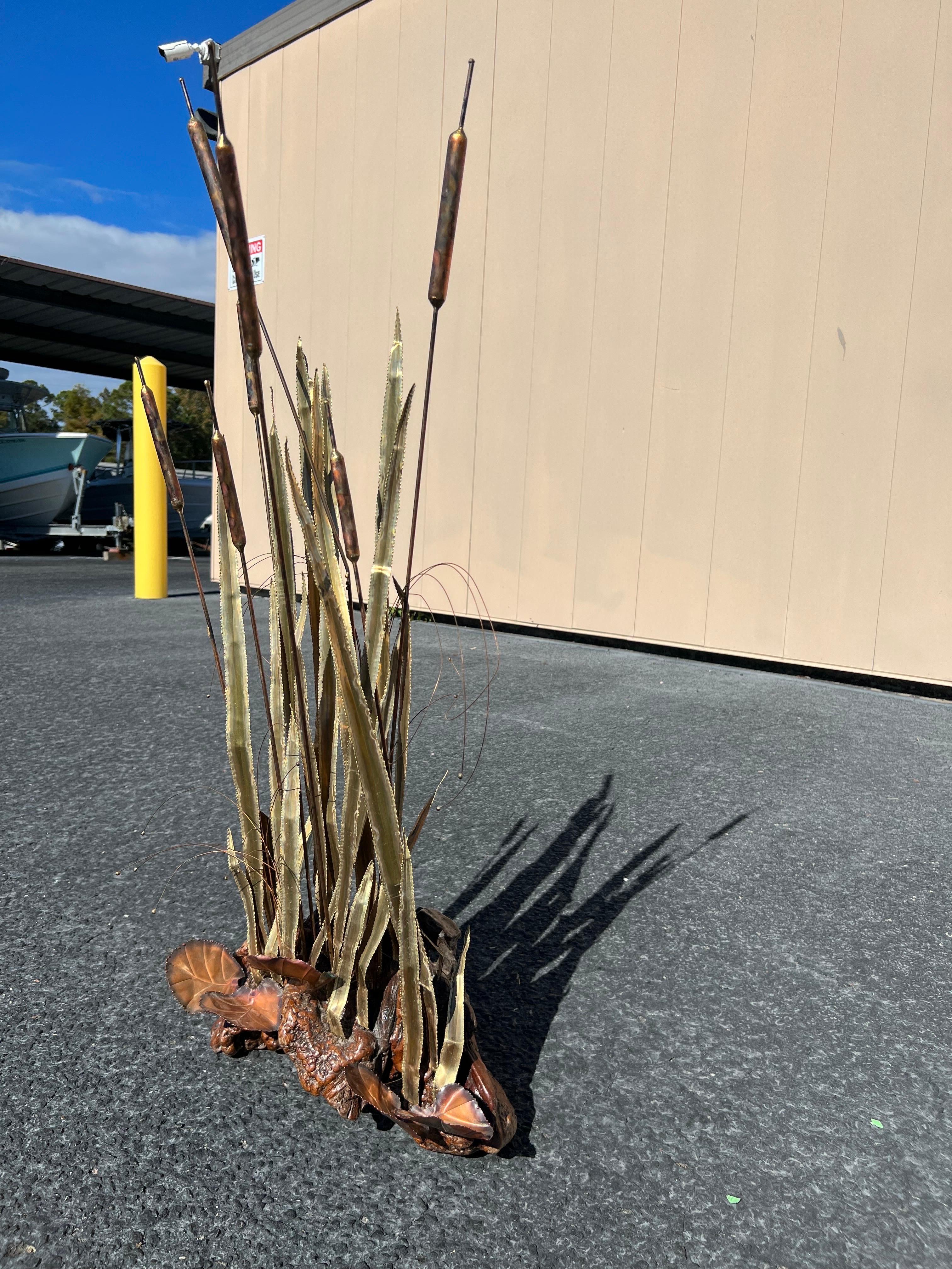 Vintage Large Scale Brutalist Cattail Sculpture on a Burled Wood Base For Sale 2