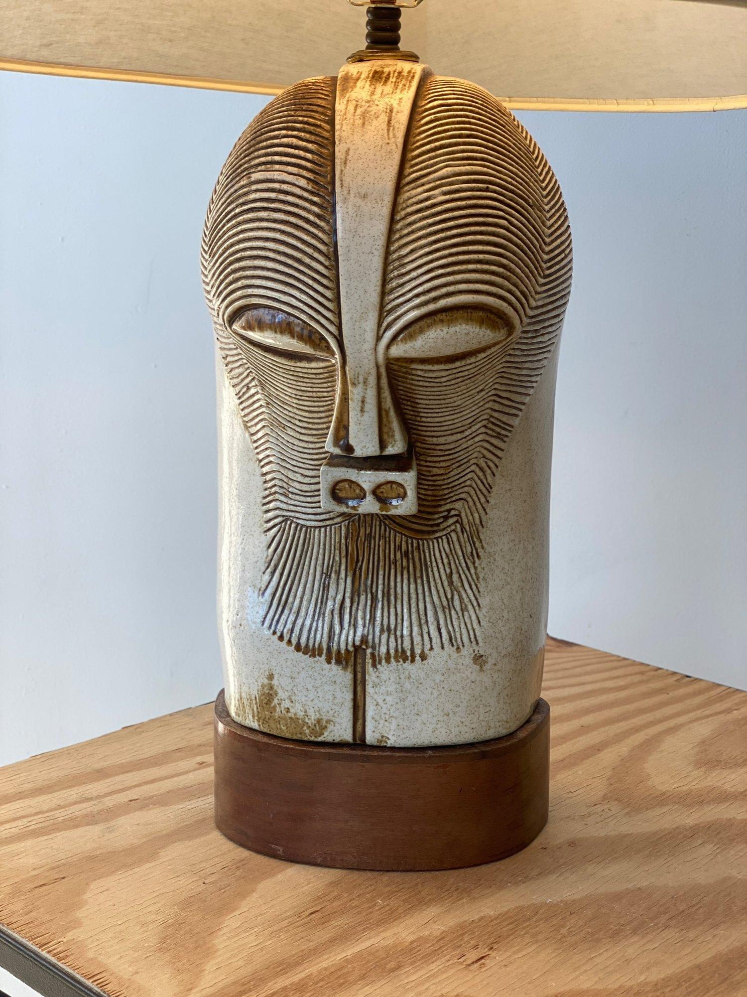 Mid-Century Modern Vintage Large Scale Ceramic Kifwebe-Inspired Mask Lamp on Mahogany Base, 1950s For Sale