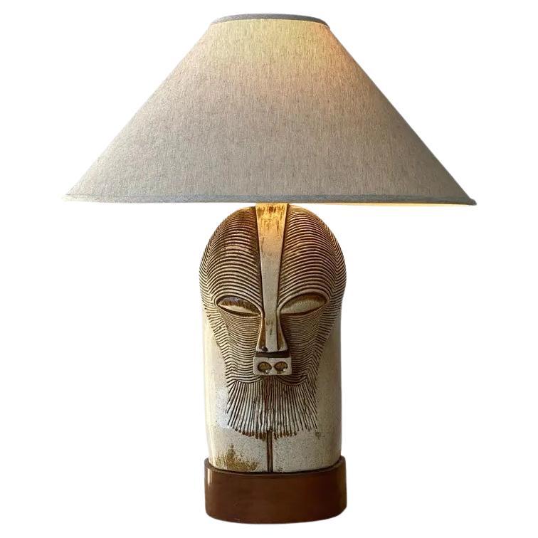 Vintage Large Scale Ceramic Kifwebe-Inspired Mask Lamp on Mahogany Base, 1950s For Sale