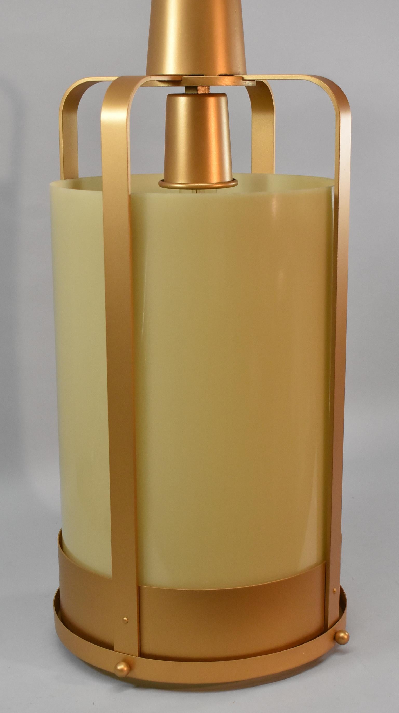 Art Deco Vintage Large Scale Gold and Amber Glass Cylinder Column Chandelier Cone Top For Sale
