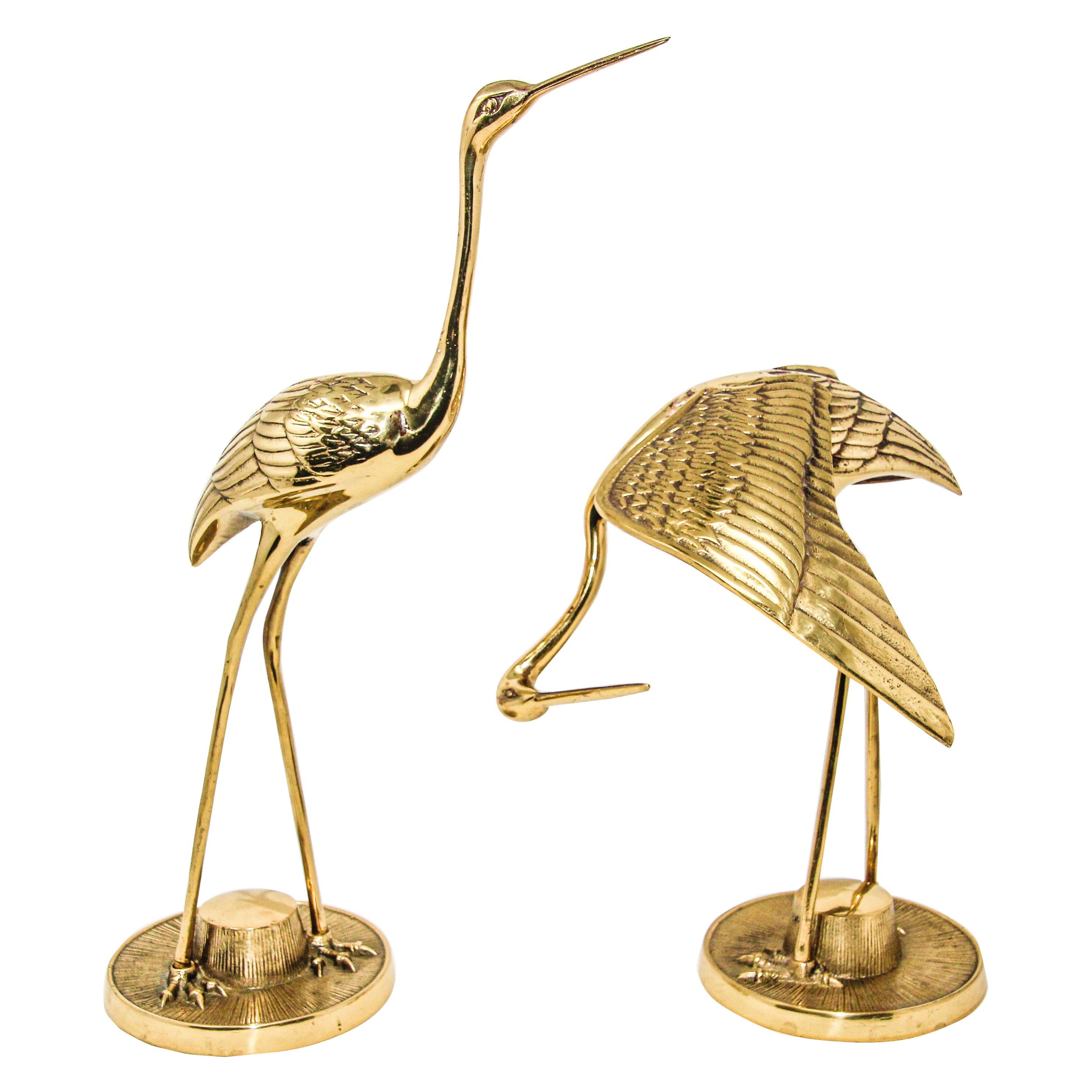 Vintage Large Scale Hollywood Regency Polished Brass Asian Crane Sculptures