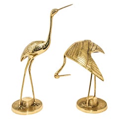 Vintage Large Scale Hollywood Regency Polished Brass Asian Crane Sculptures