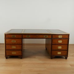 Vintage Large Scale Leather Top Campaign Style Partners Desk by Baker