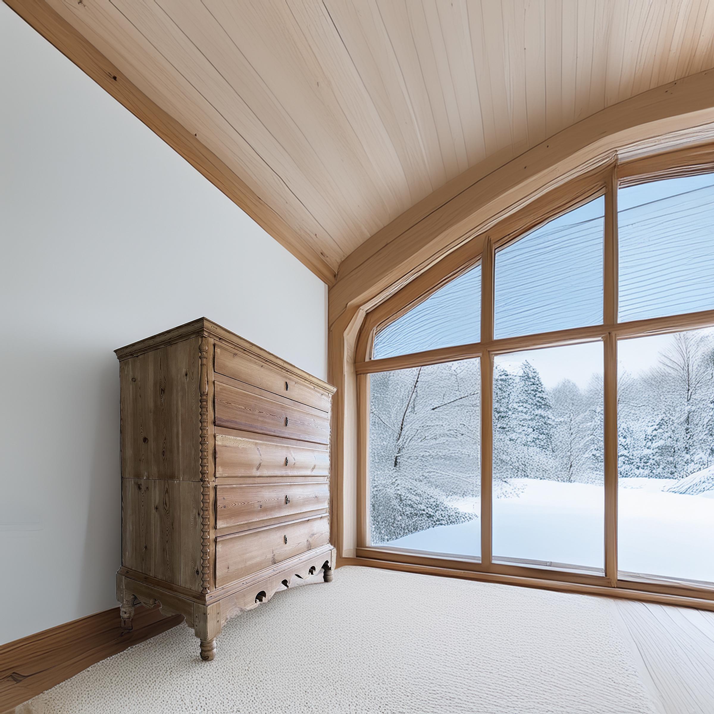 Ancienne commode scandinave du 19ème siècle en pin massif ouvrant à 5 tiroirs. Le tiroir supérieur est plus fin et comporte des compartiments. L'ensemble de la structure est divisé en deux parties assemblées l'une sur l'autre (voir photos), ce qui