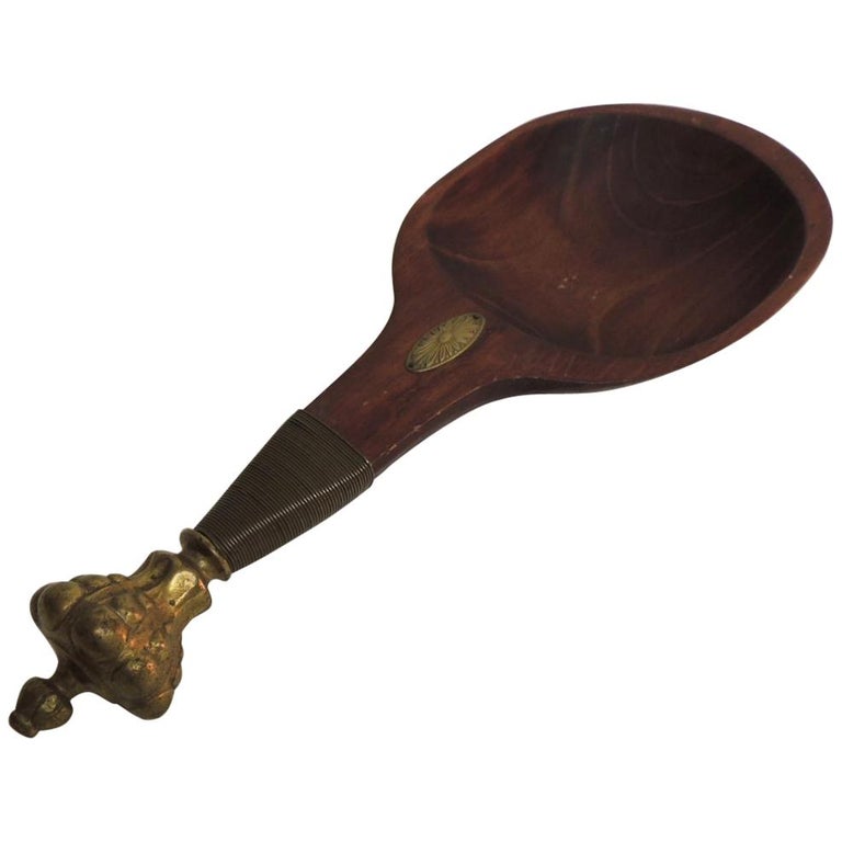 Vintage Large Serving Wooden Spoon with Brass Handle, Heavy Solid Cast