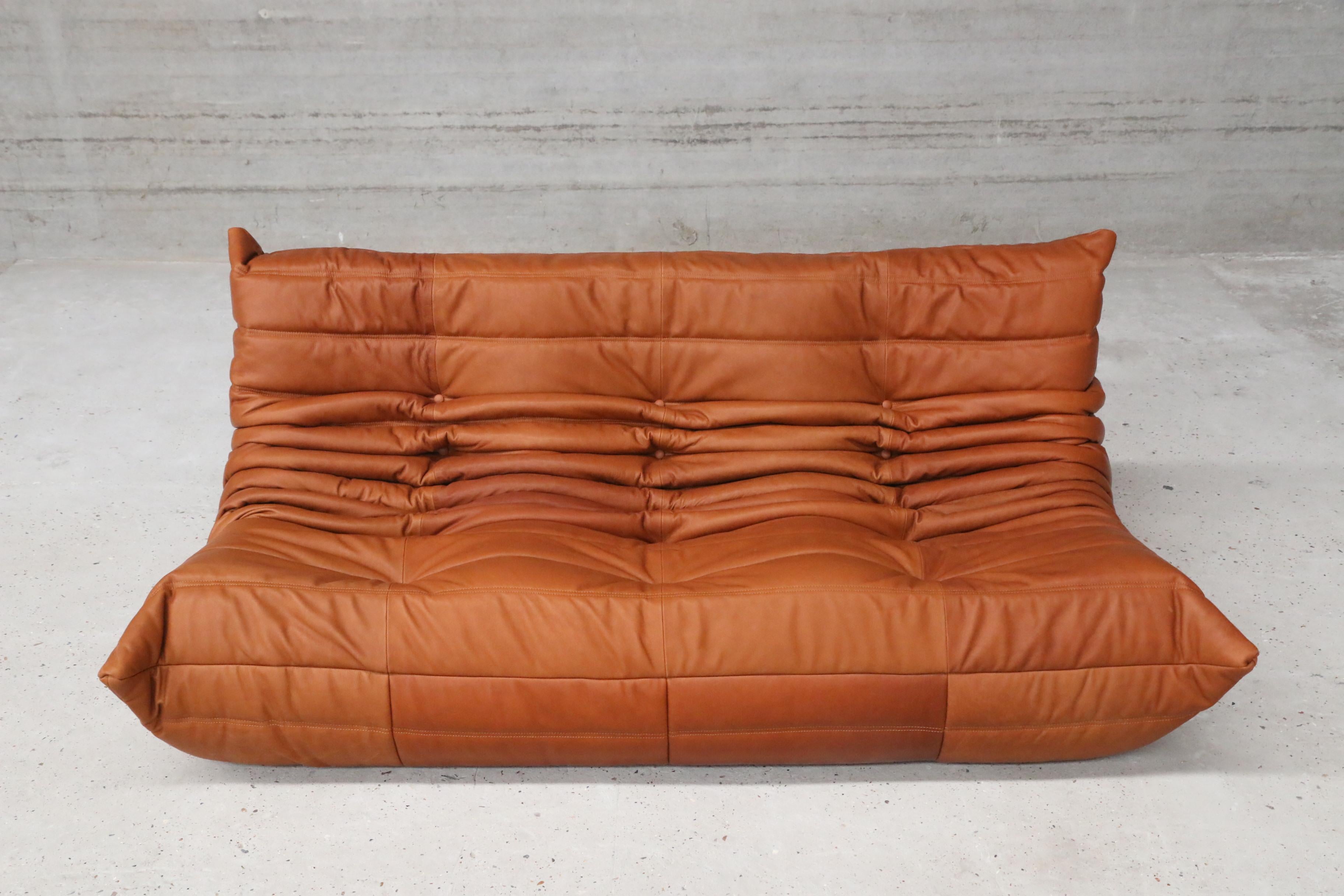 Mid-Century Modern CERTIFIED Ligne Roset TOGO Large Setee in natural Cognac Leather DIAMOND QUALITY For Sale