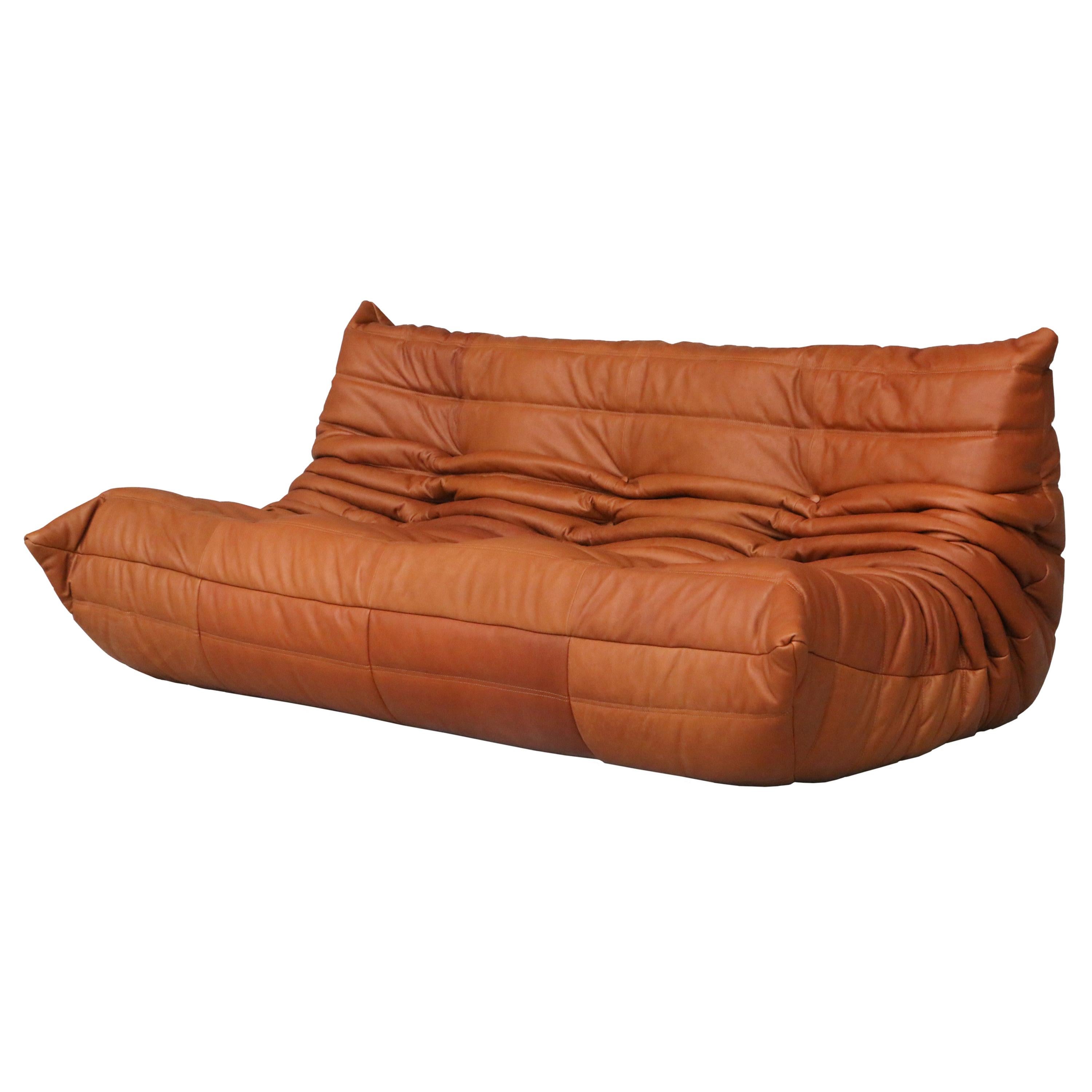 CERTIFIED Ligne Roset TOGO Large Setee in natural Cognac Leather DIAMOND QUALITY For Sale