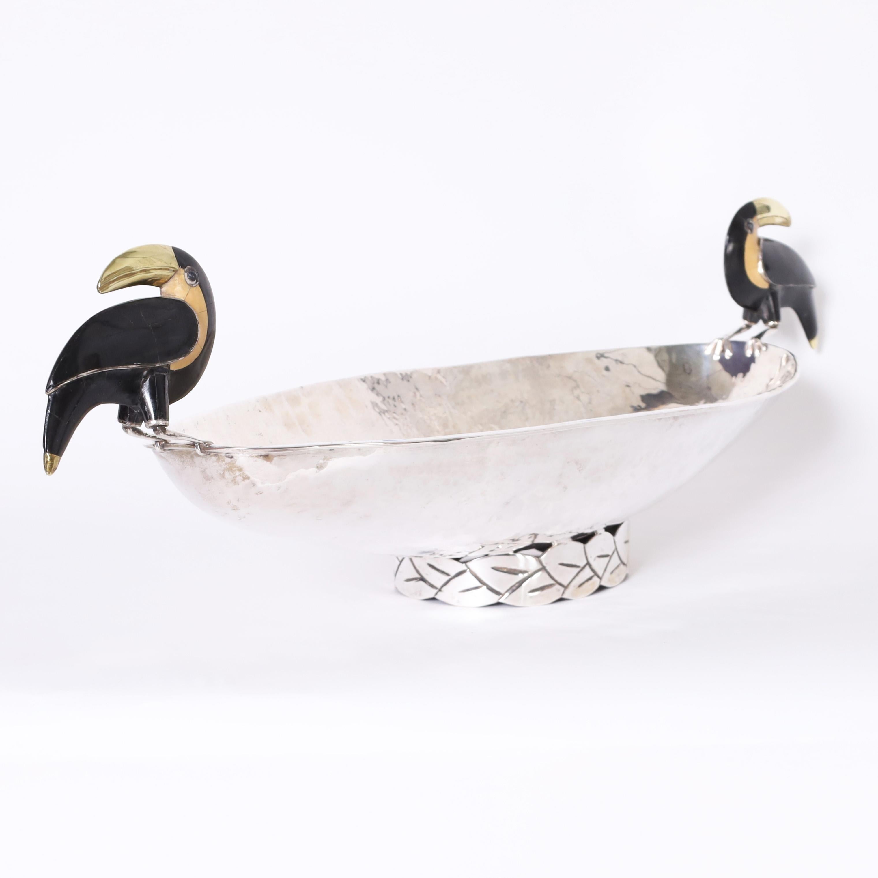Mid-Century Modern Vintage Large Silver Plate Bowl with Toucans by Emilia Castillo For Sale