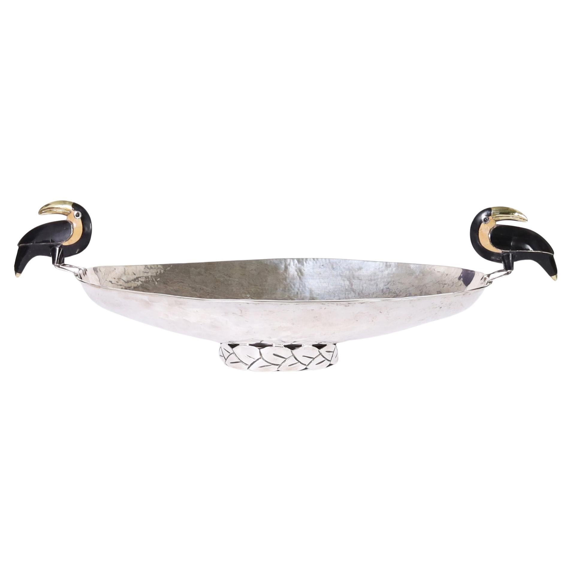 Vintage Large Silver Plate Bowl with Toucans by Emilia Castillo For Sale