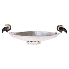 Retro Large Silver Plate Bowl with Toucans by Emilia Castillo