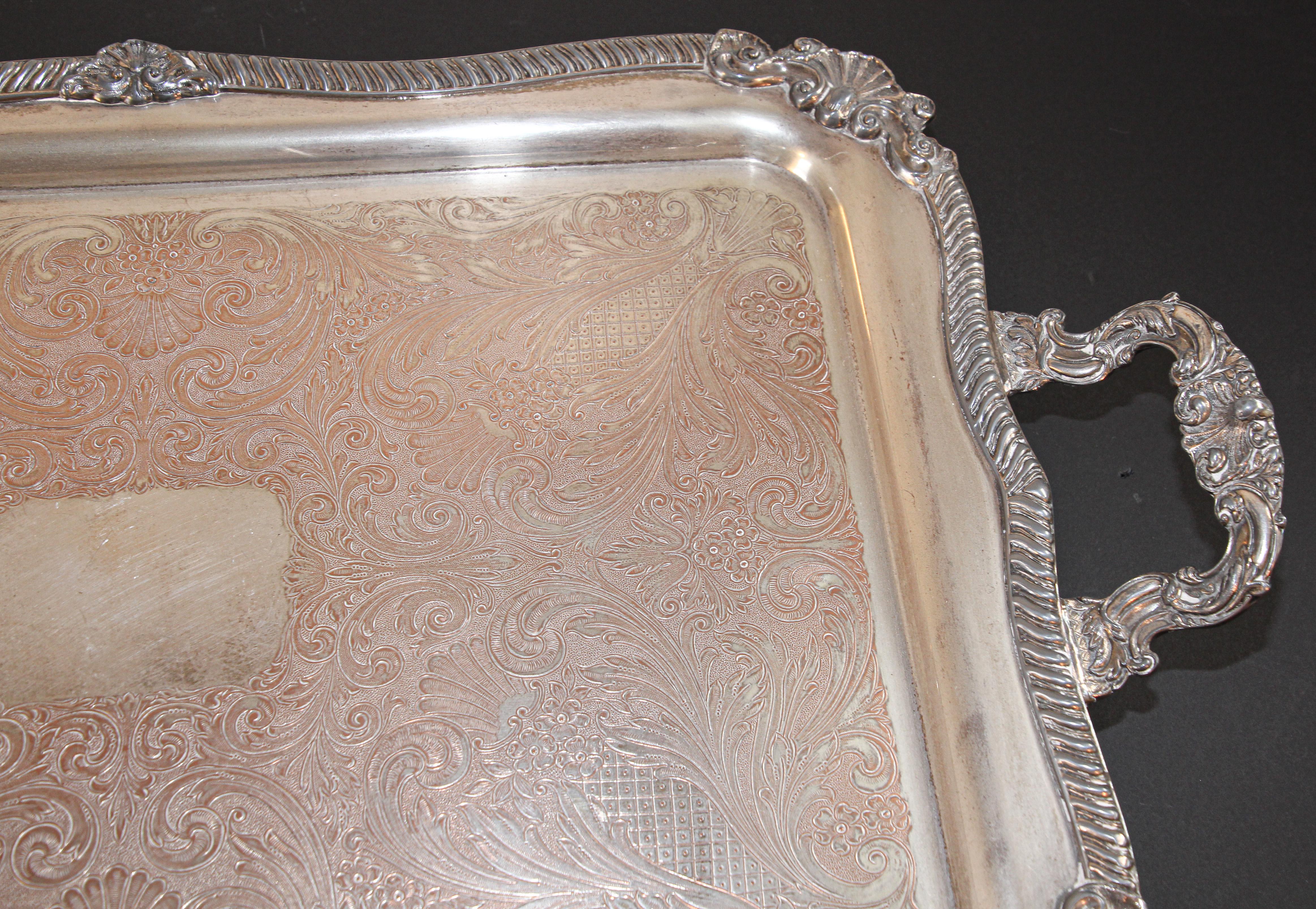 Vintage Large Silver Plate Tray George IV English Style For Sale 9