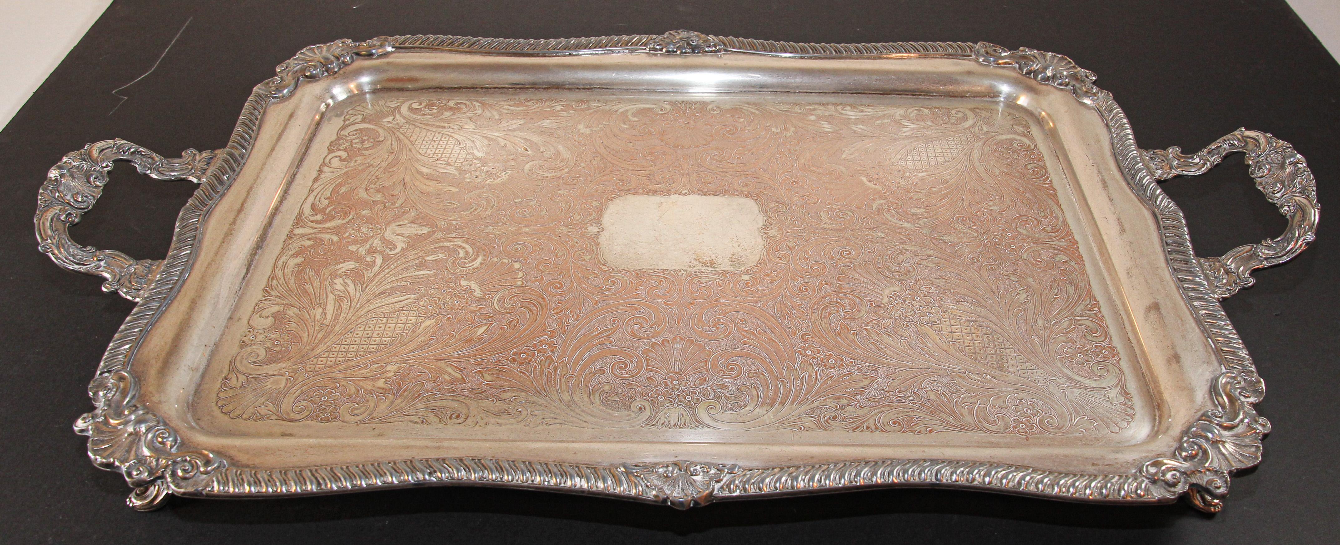 Vintage Large Silver Plate Tray George IV English Style For Sale 12