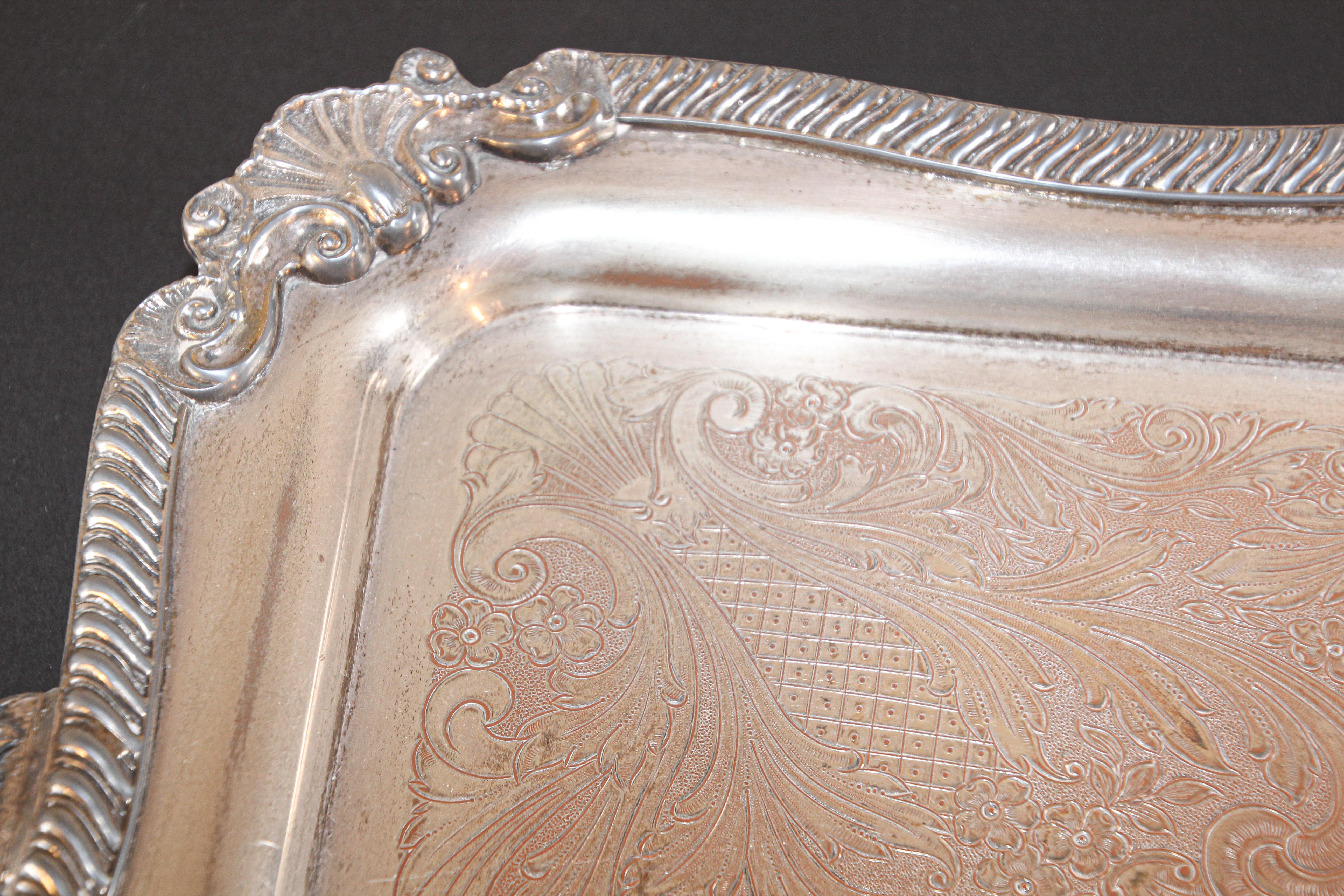 Silvered Vintage Large Silver Plate Tray George IV English Style For Sale