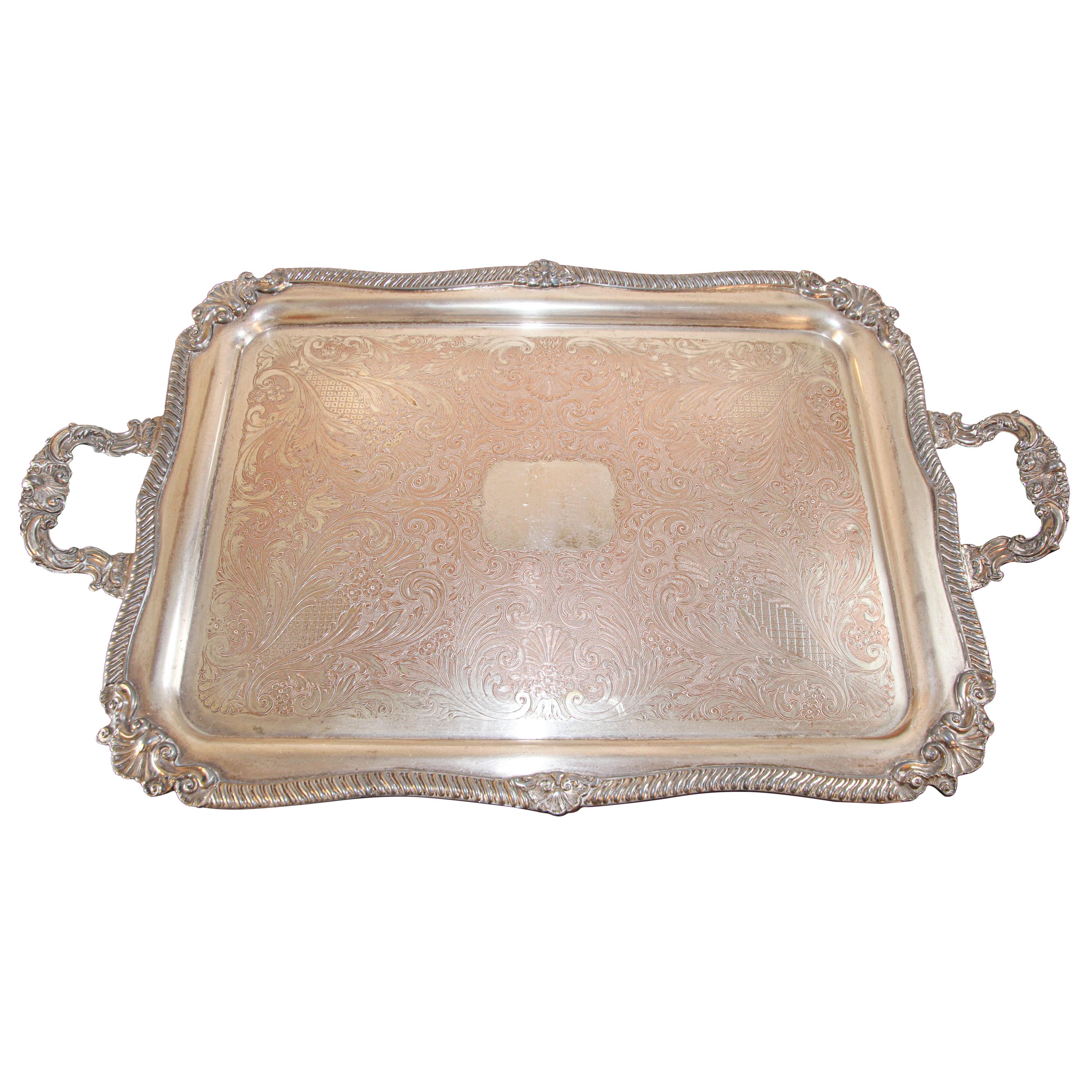 Vintage Large Silver Plate Tray George IV English Style For Sale