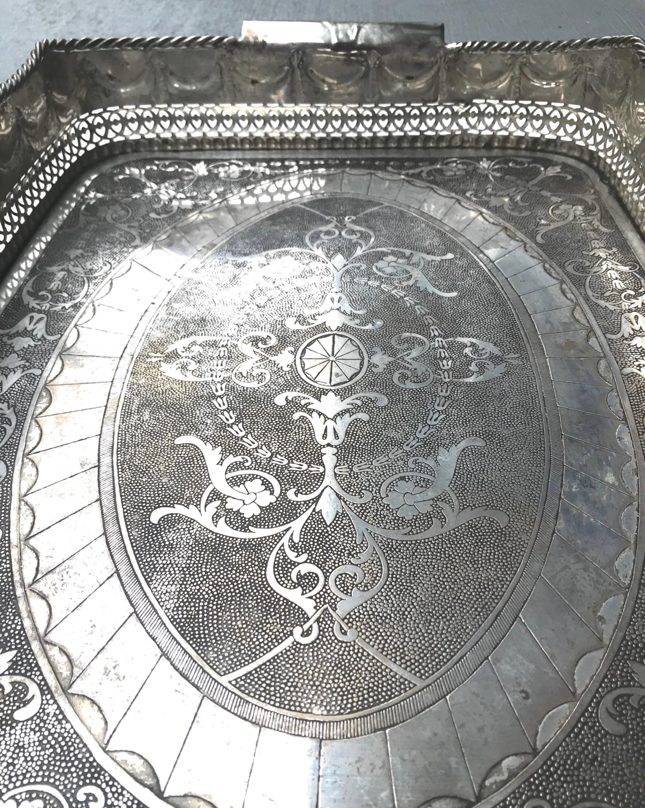 Embossed Vintage Large Silver Plated Anglo-Indian Butlers Gallery Tray