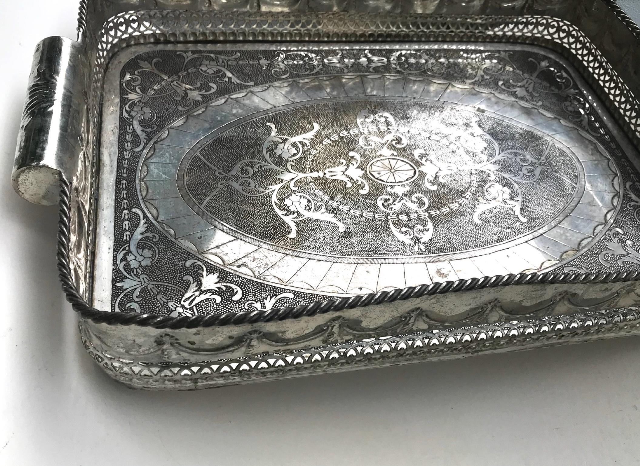 Vintage Large Silver Plated Anglo-Indian Butlers Gallery Tray In Good Condition In Vero Beach, FL