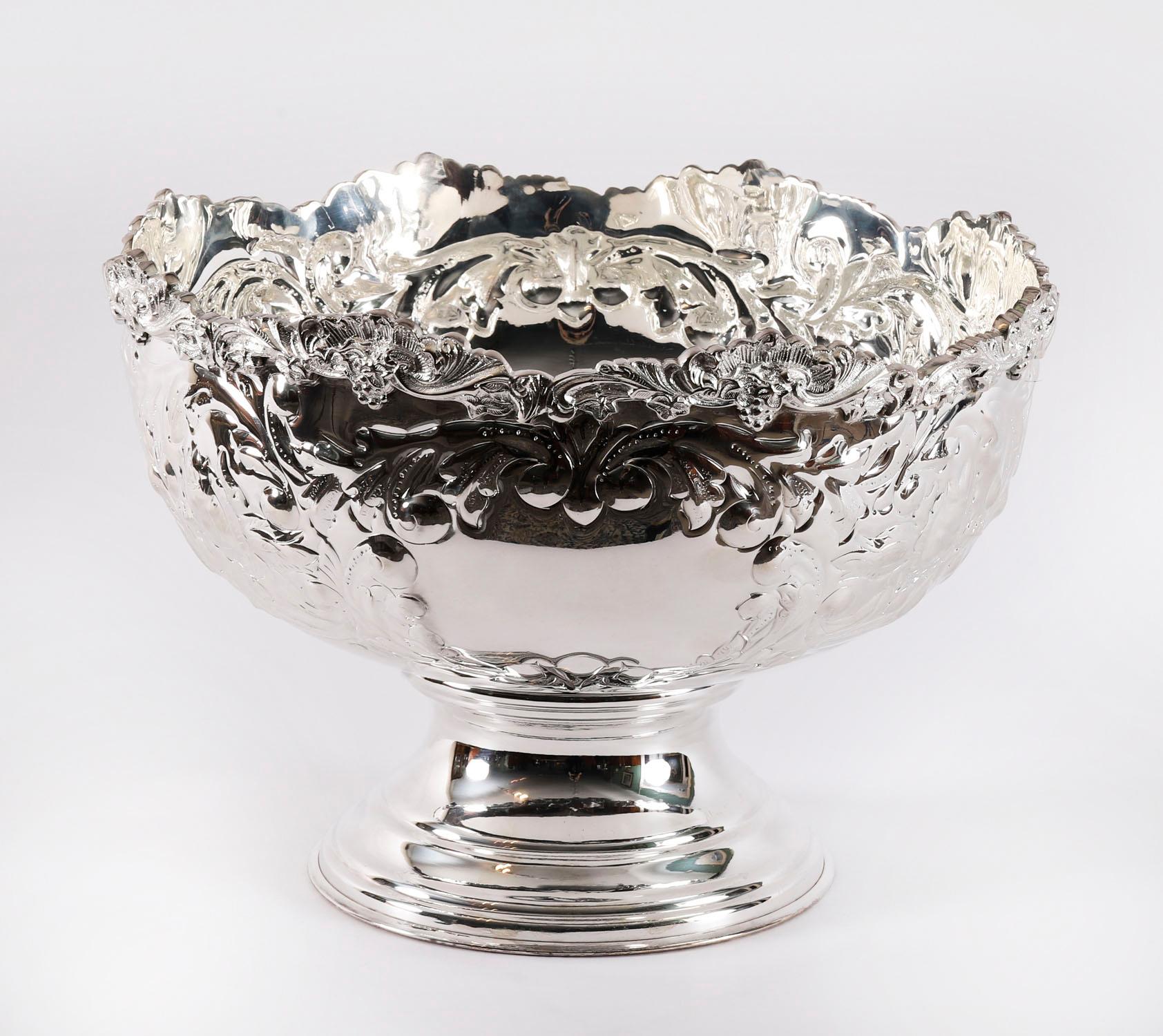 This is a gorgeous large vintage silver plated champagne cooler that can hold over 6 bottles, dating from the late 20th Century.

This exquisite punch bowl has a beautiful and incredibly detailed embossed floral decoration with garlands of