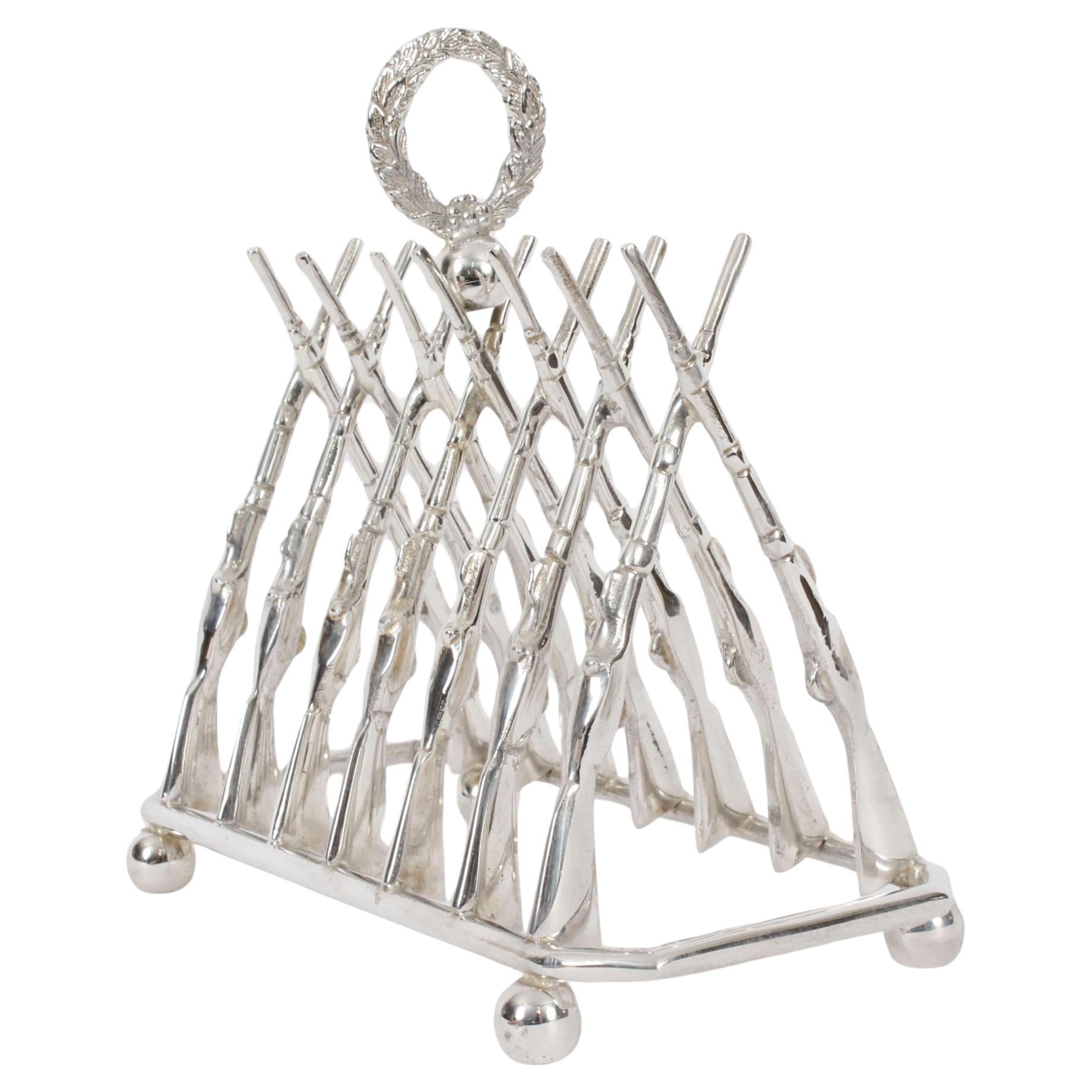 Vintage Large Silver Plated Crossed Rifles Toast Rack 20th Century For Sale