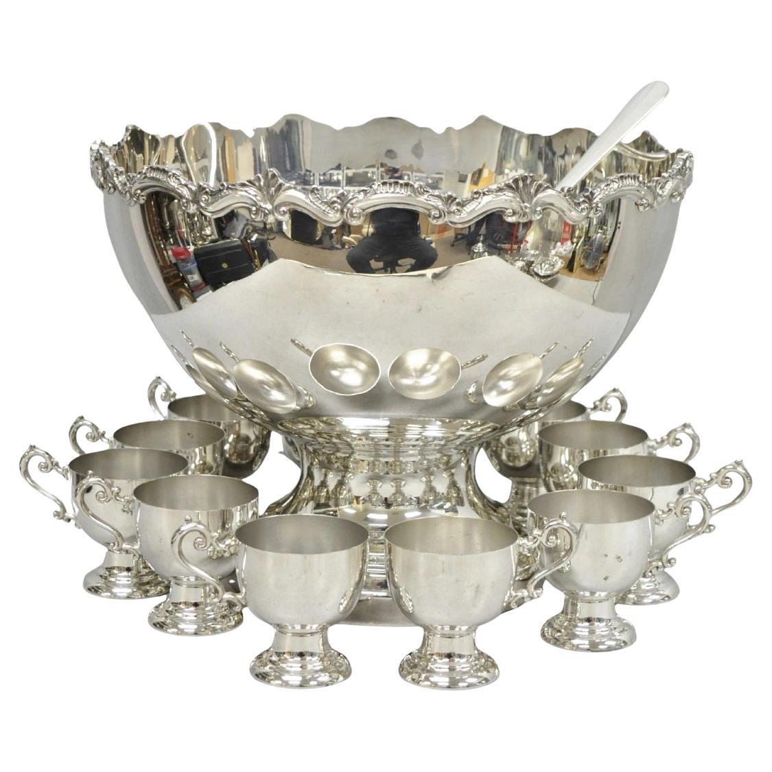 Vintage Large Silver Plated Pedestal Punch Bowl Set w/ 12 Cups - 14 Pc Set