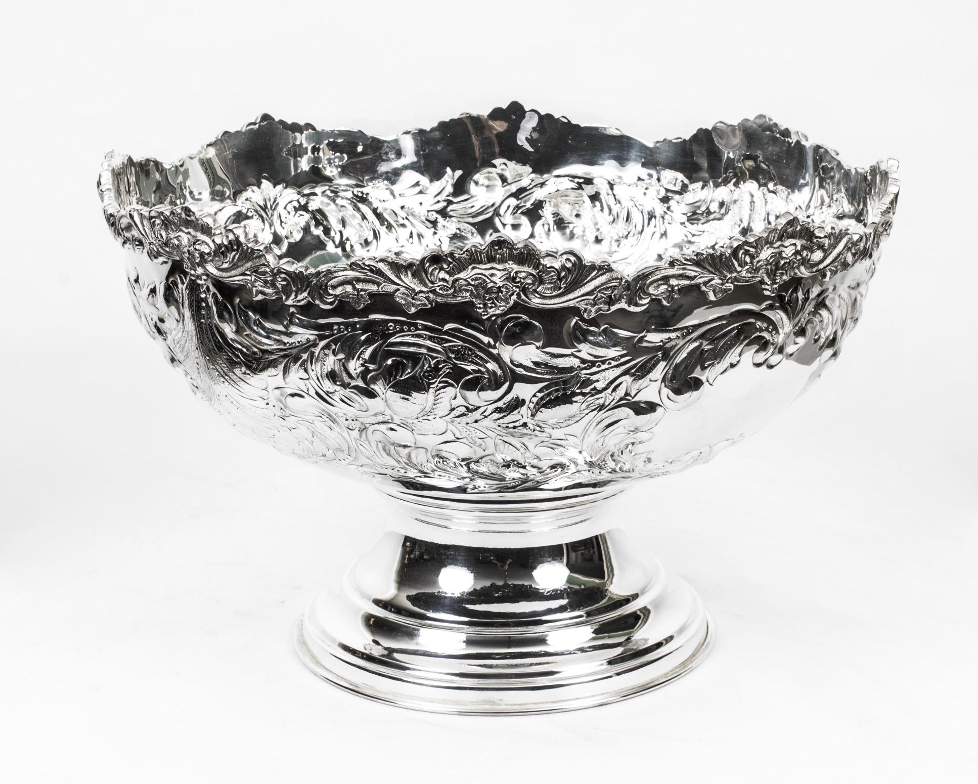 Vintage Large Silver Plated Punch Bowl Cooler Floral Decoration 20th Century For Sale 9