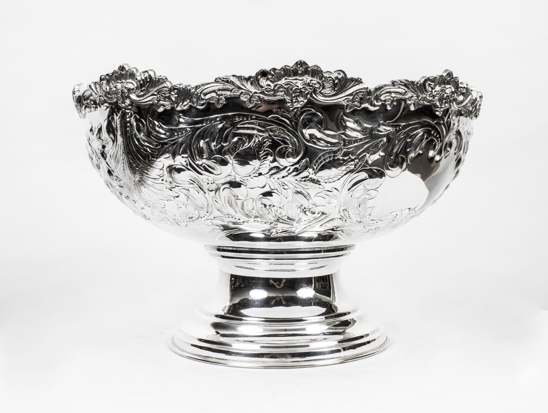 This is a gorgeous vintage silver plated champagne cooler that can hold over 6 bottles, dating from the late 20th Century.

This exquisite punch bowl has a beautiful and incredibly detailed embossed floral decoration with garlands of flowers.

This
