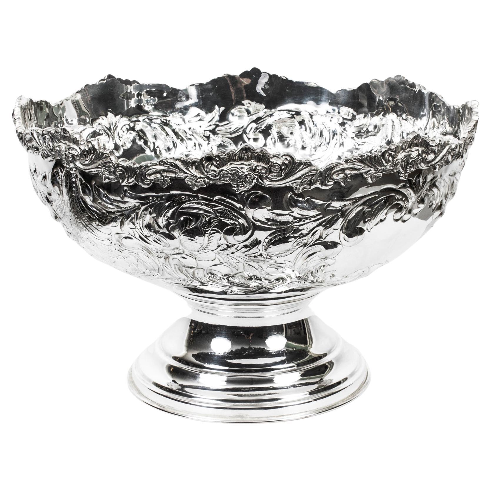 Vintage Large Silver Plated Punch Bowl Cooler Floral Decoration 20th Century For Sale