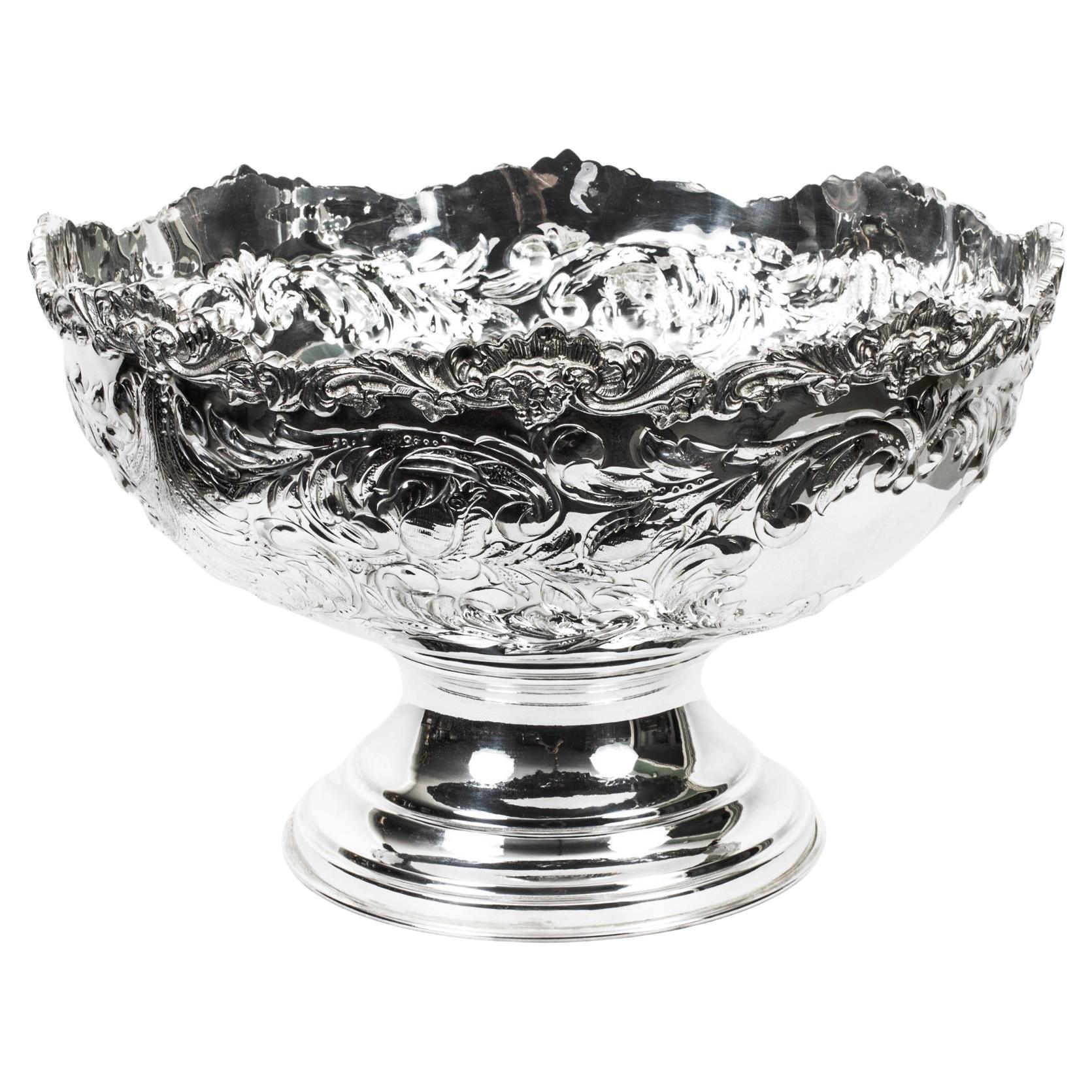 Vintage Large Silver Plated Punch Bowl Cooler Floral Decoration 20th Century