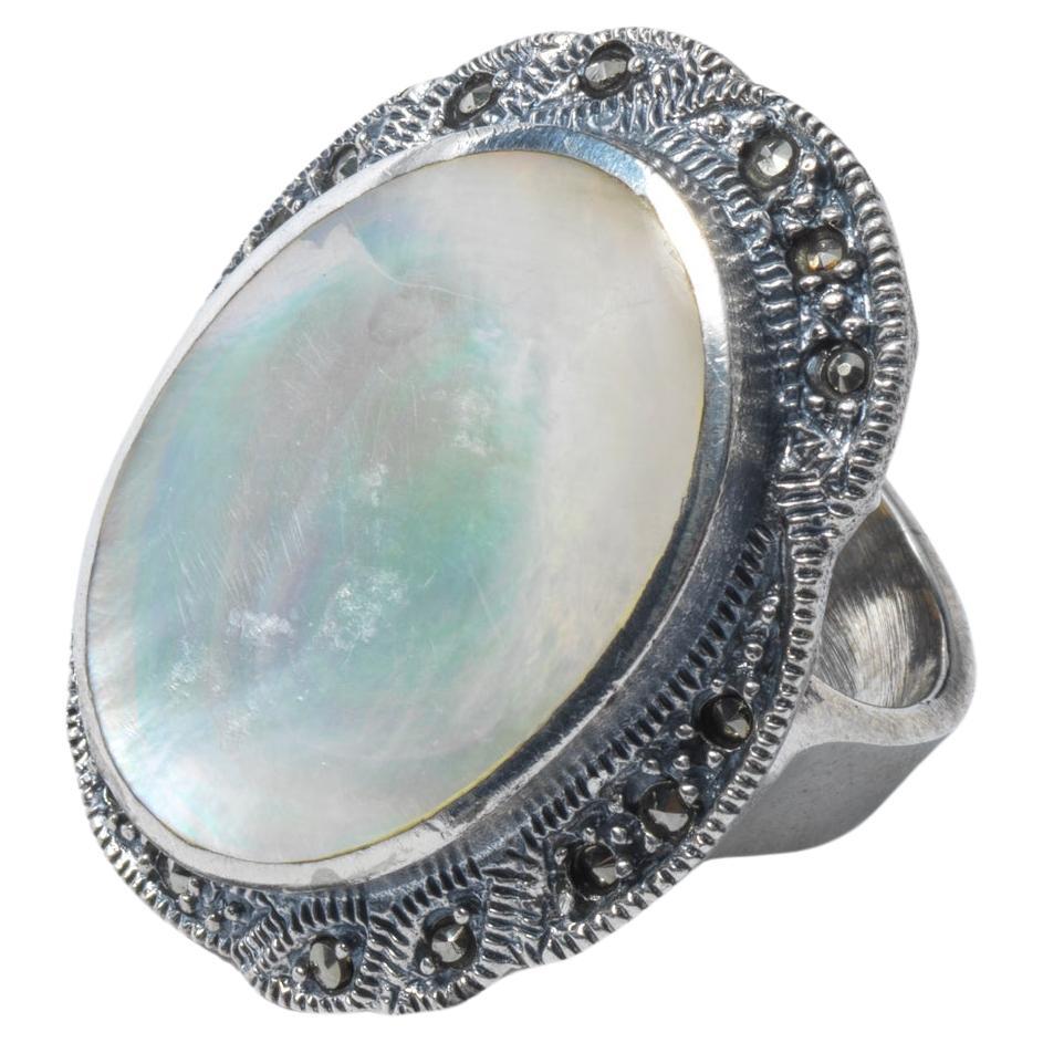 Vintage large silver ring with mother of pearl and pyrite. First half 20th c. For Sale