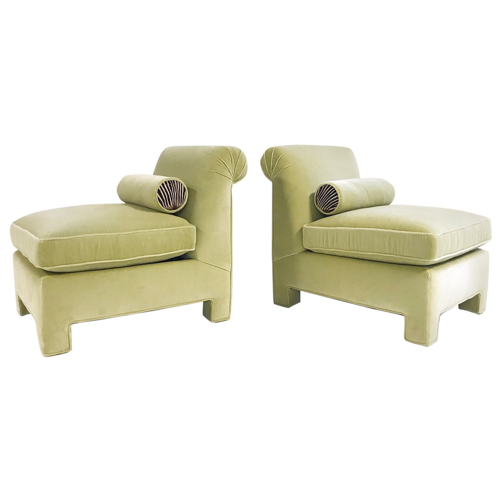 Vintage Large Slipper Chairs in Loro Piana Velvet with Zebra Hide, Pair