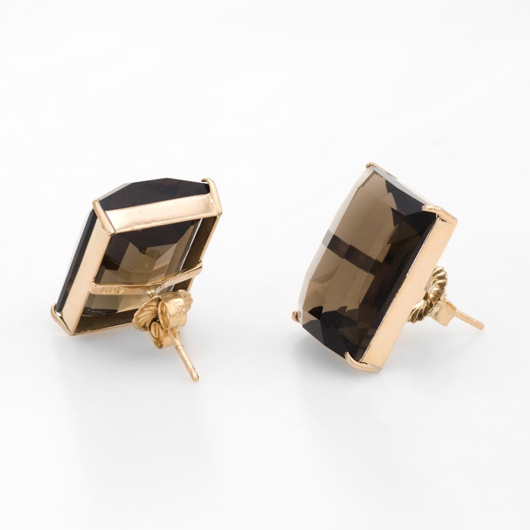 Vintage Large Smoky Quartz Earrings 14 Karat Gold Square Statement