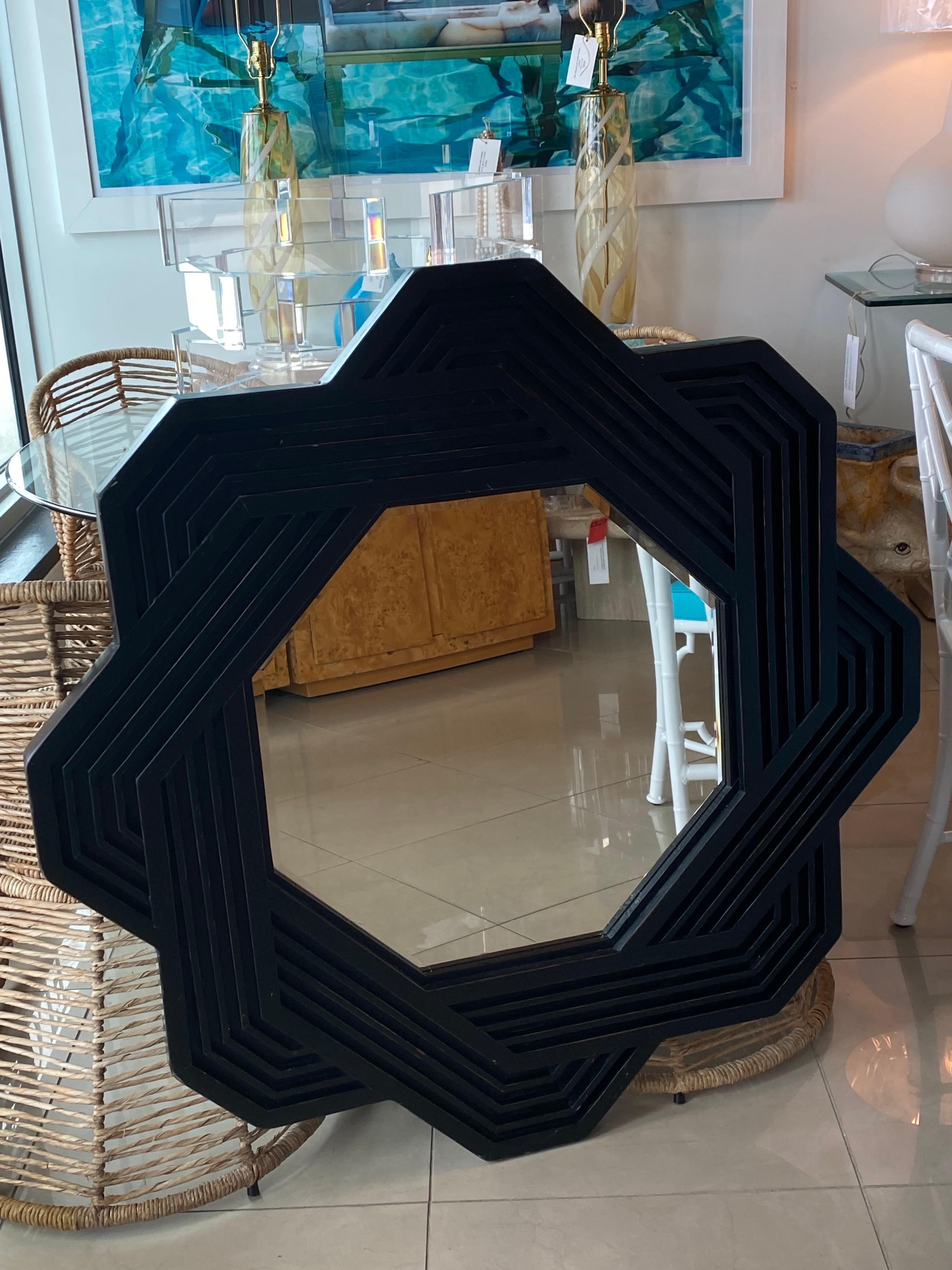Vintage Large Solid Wood Geometric Abstract  Modern Wall Mirror For Sale 4